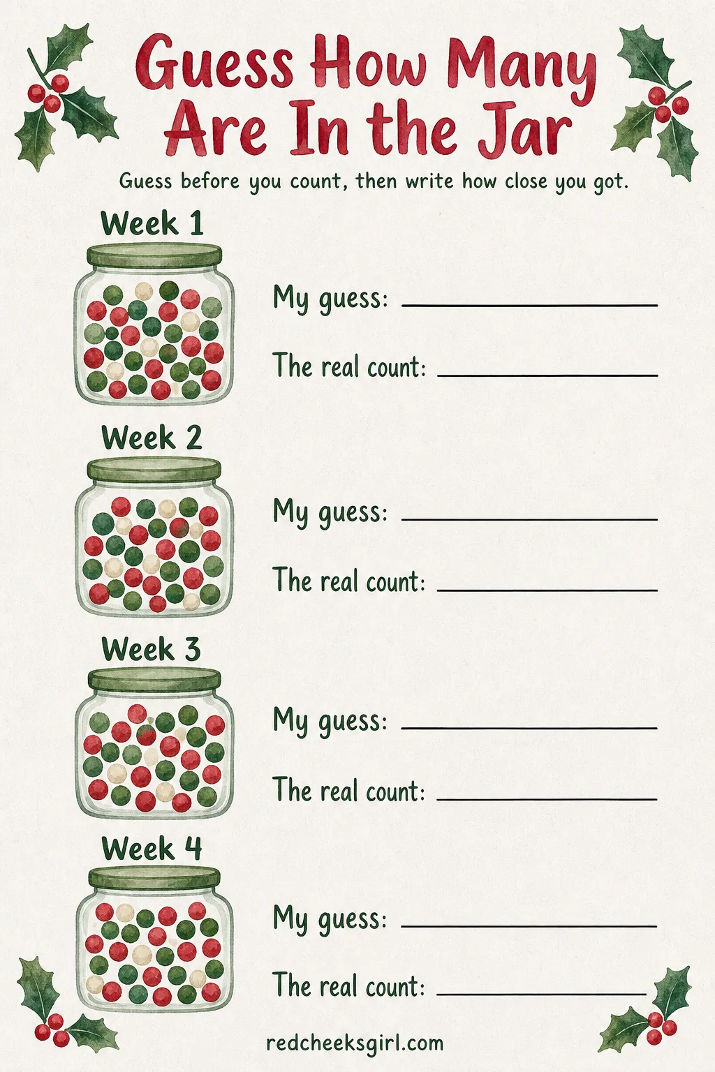 Printable Guess-How-Many Candy Jar Sheet printable sheet — Once a week, a jar of candies or mini ornaments sits on the counter for guessing before anyone
