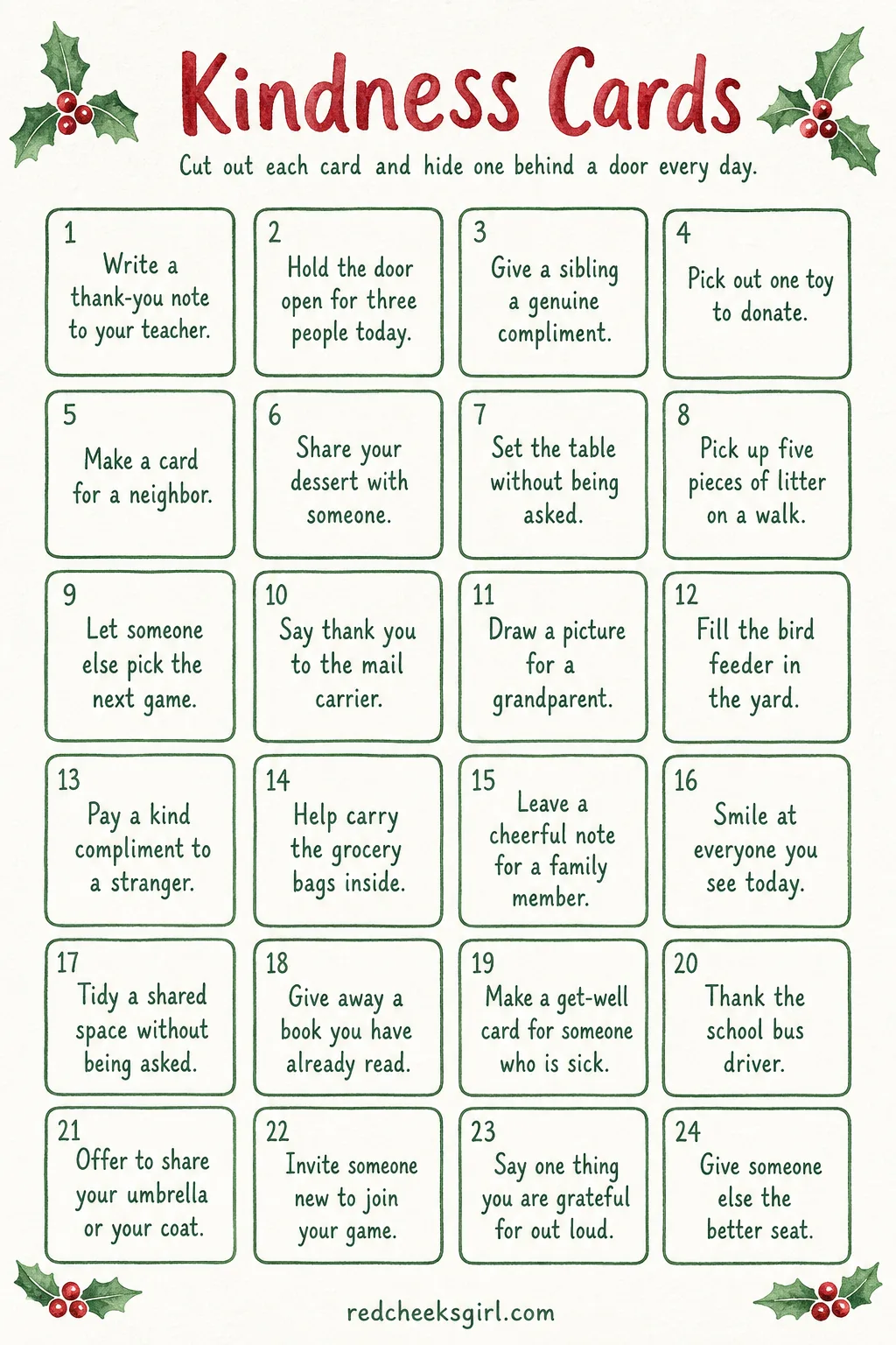 Printable Kindness Card Deck printable sheet — Instead of a treat, the door hides an instruction: do something small and kind today. Diy advent calendar for