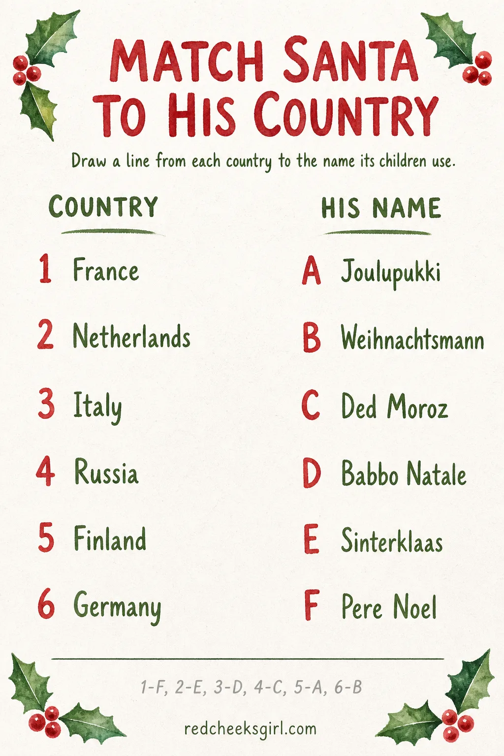 Printable Match Santa to His Country printable sheet — A quick matching page turns Santa's many names into a mini geography lesson, pairing each country with