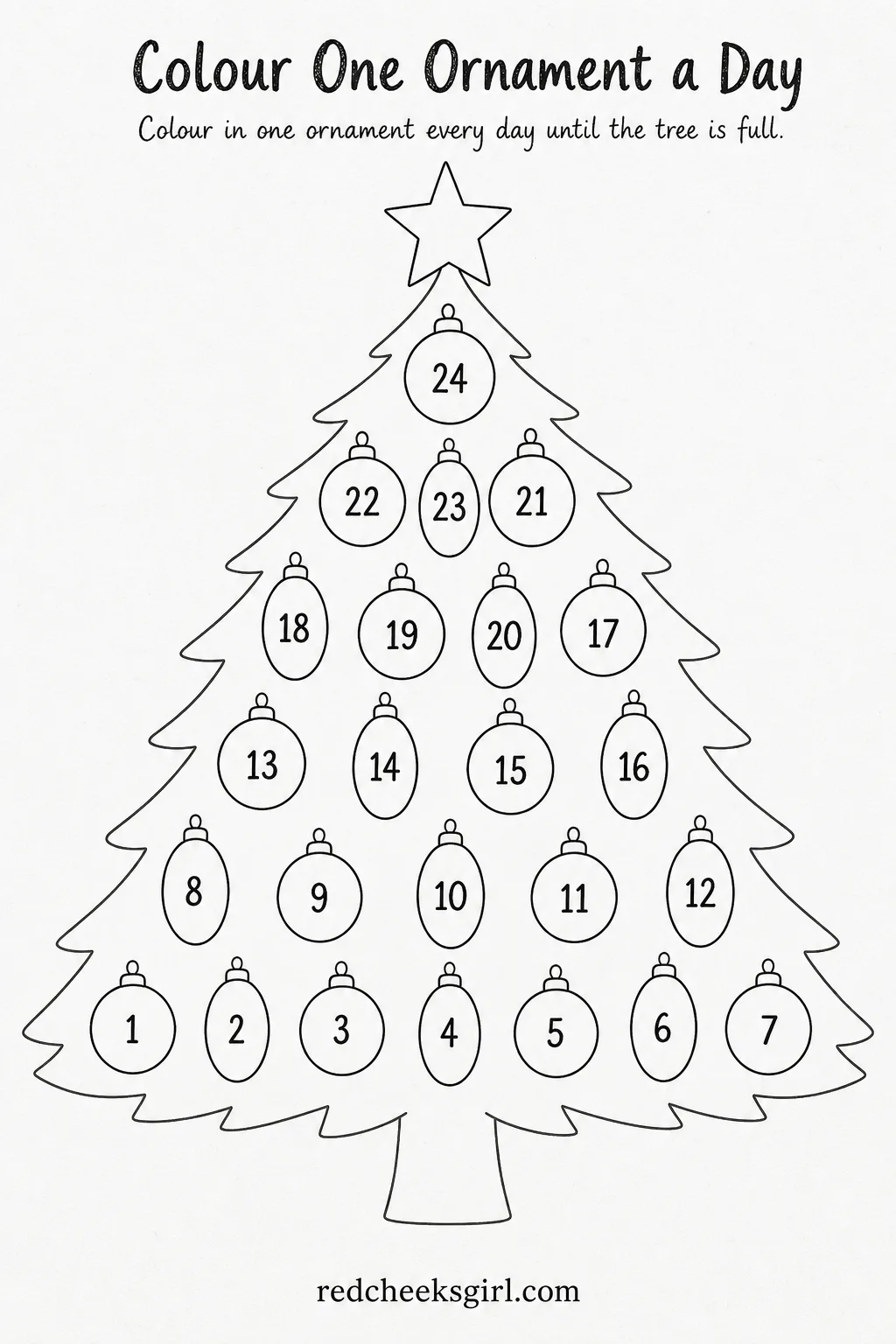 Printable Ornament Coloring Poster printable sheet — One big tree poster hangs on the wall all month, bare at the start, and every day the child colours in one