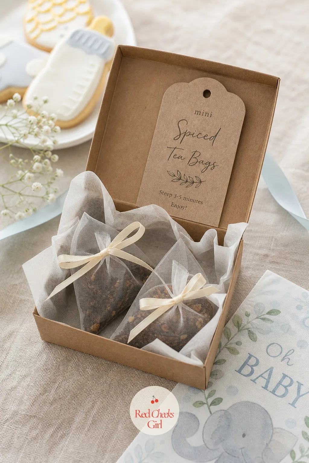 Mini Spiced Tea Bags — Not every guest wants chocolate or popcorn, and a quiet little tea bag covers the ones who would rather curl up with a mug. Diy baby
