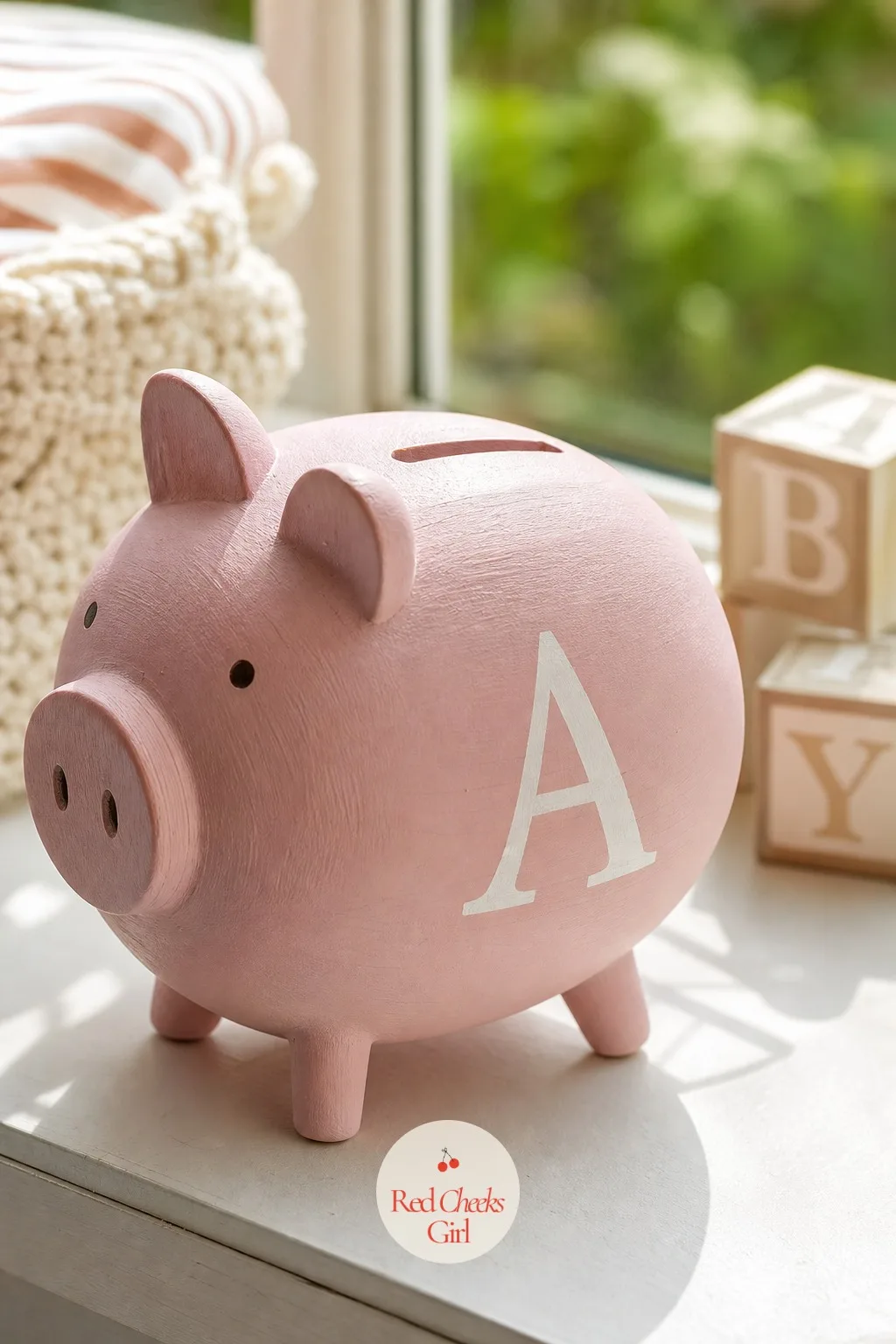 Painted Wooden Piggy Bank with Initial — A college fund jar is a joke until it is not, and a painted wooden bank makes the joke land softly instead of landing