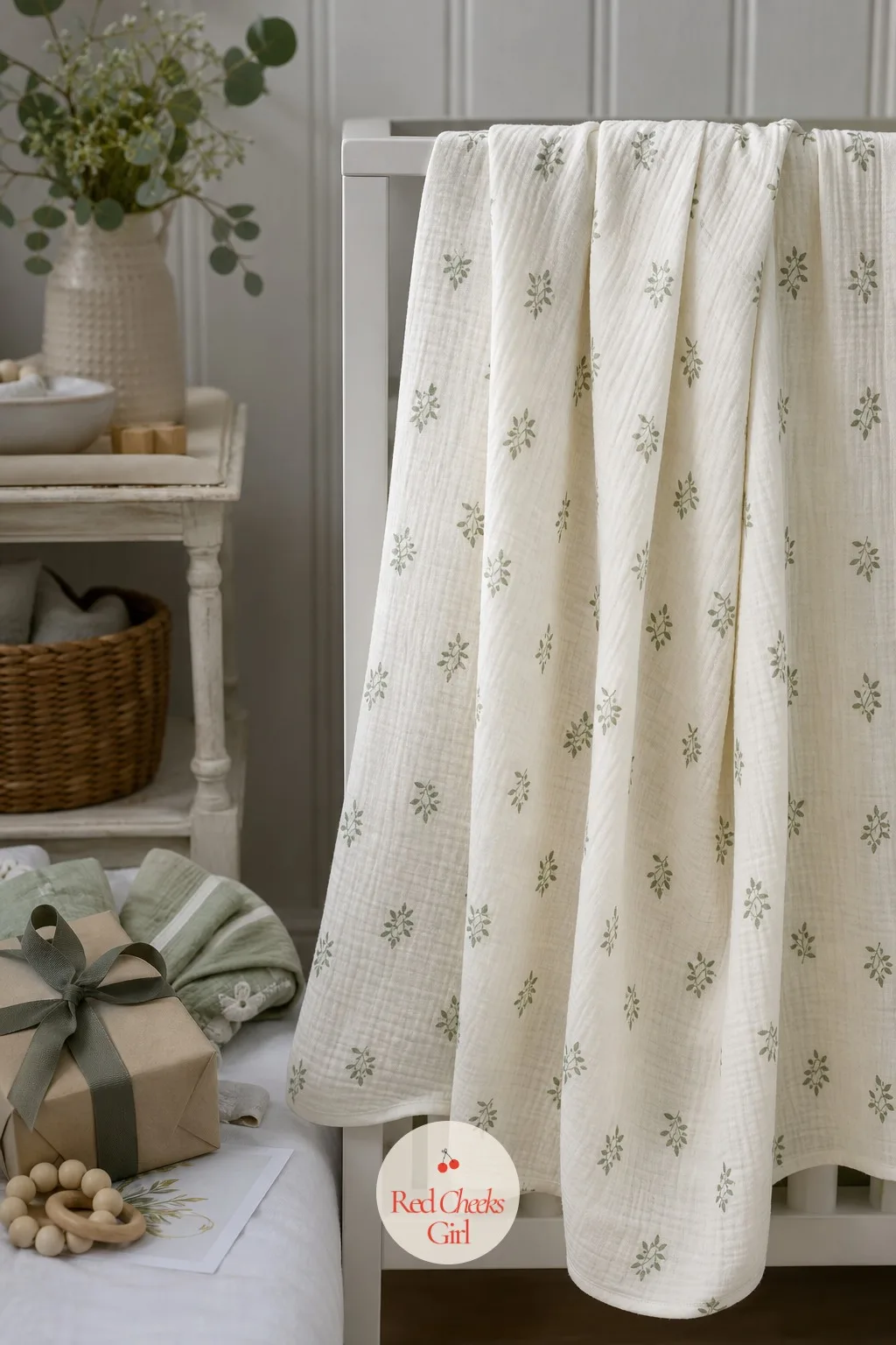 Stamped Cotton Swaddle — A plain muslin swaddle does the job, but a swaddle with a pattern you chose and printed yourself reads as something she will actually