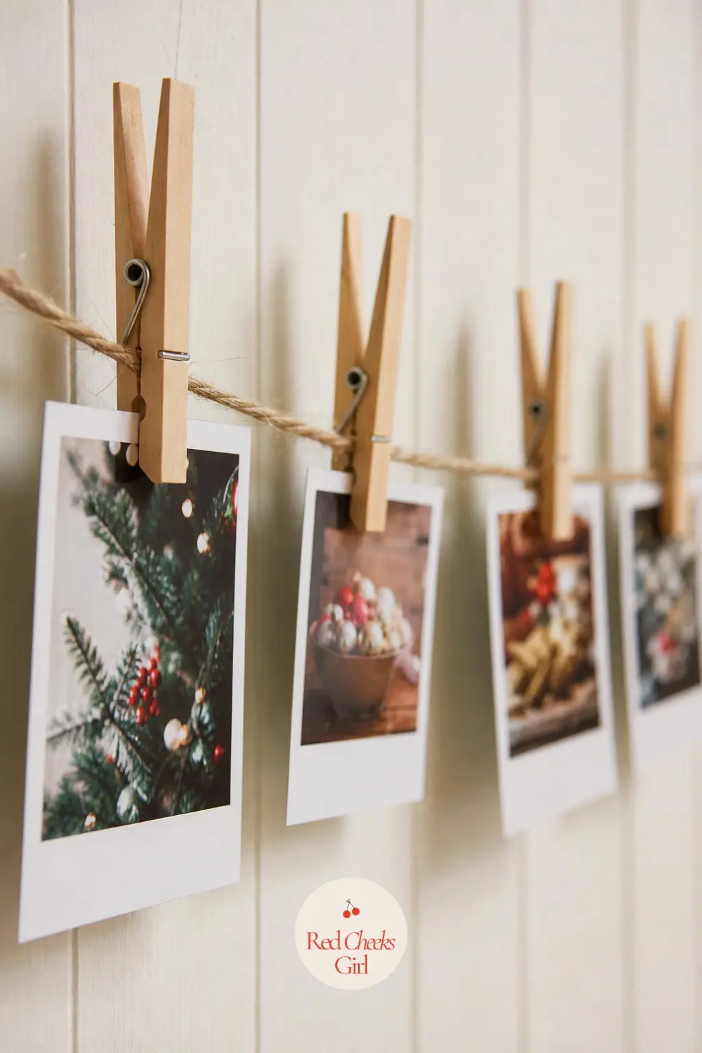 Clothespin and Photo Garland — Plain wooden clothespins clip printed family photos directly onto a length of twine, no frames and no wall holes needed. Diy