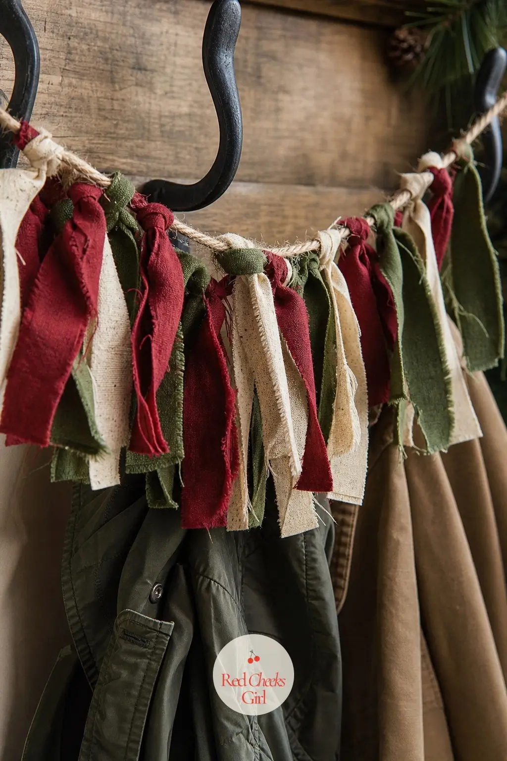 Fabric Scrap Strips on Twine — Torn strips of cranberry red, forest green and cream calico fabric knot straight onto a length of twine, no sewing machine