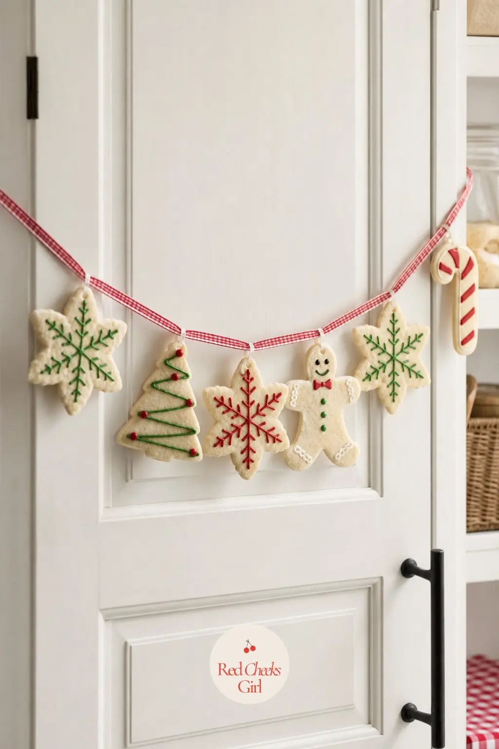 Faux Sugar Cookie Garland — Cookie shapes cut from air dry clay or heavy cardstock, painted cream with red and green icing details, look convincing from across