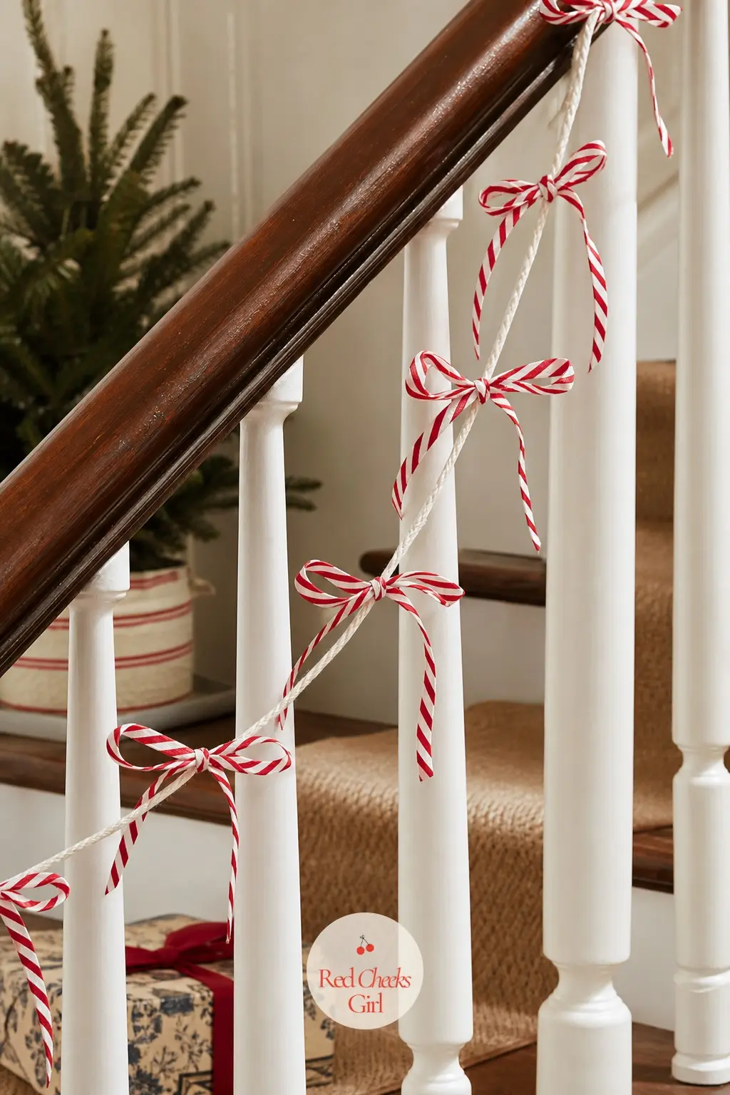 Mini Ribbon Bows Garland — Small bows in cherry red and white candy stripe ribbon tie directly onto a length of cord at even spacing, no bow-making skill