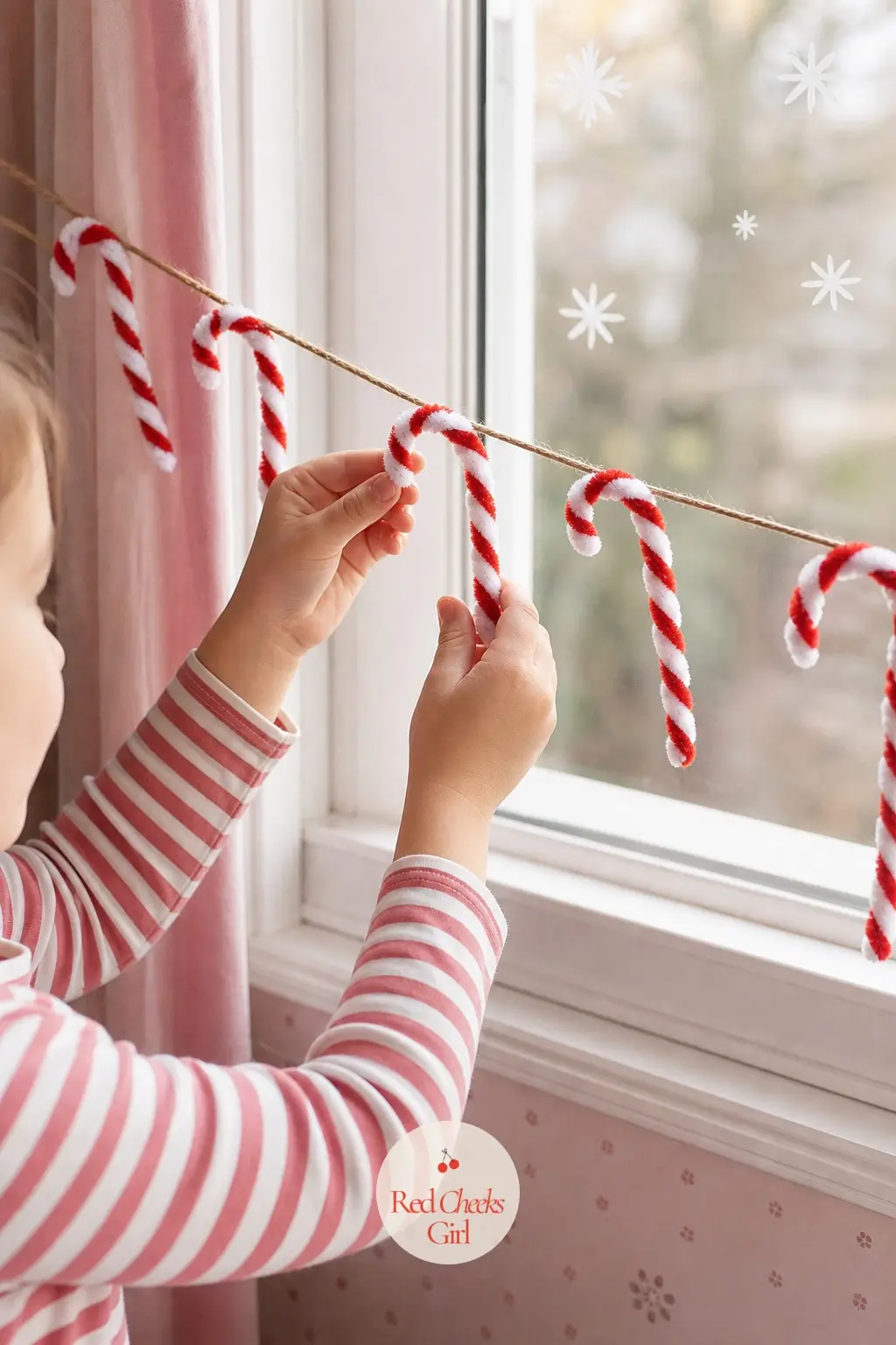 Pipe Cleaner Candy Cane Garland — Red and white chenille stems twist together and bend into candy cane shapes in under a minute each, then string onto twine