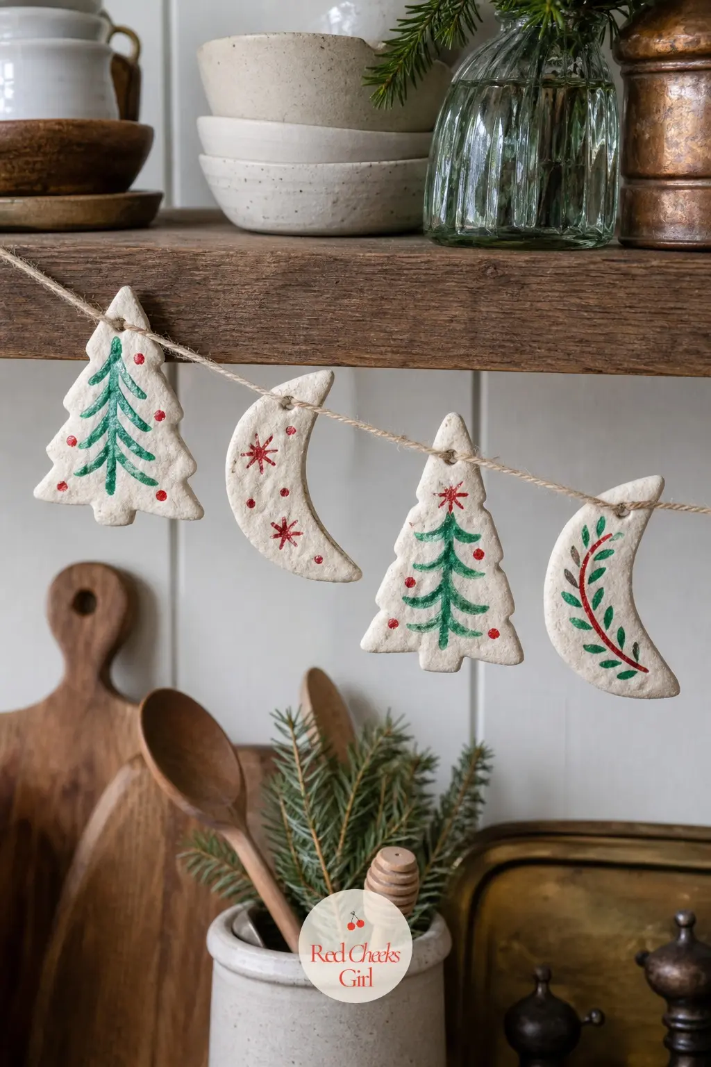 Salt Dough Ornament Garland — Flour, salt and water roll into a dough that cuts into trees, hearts and moons, bakes low and slow, then takes paint in cream