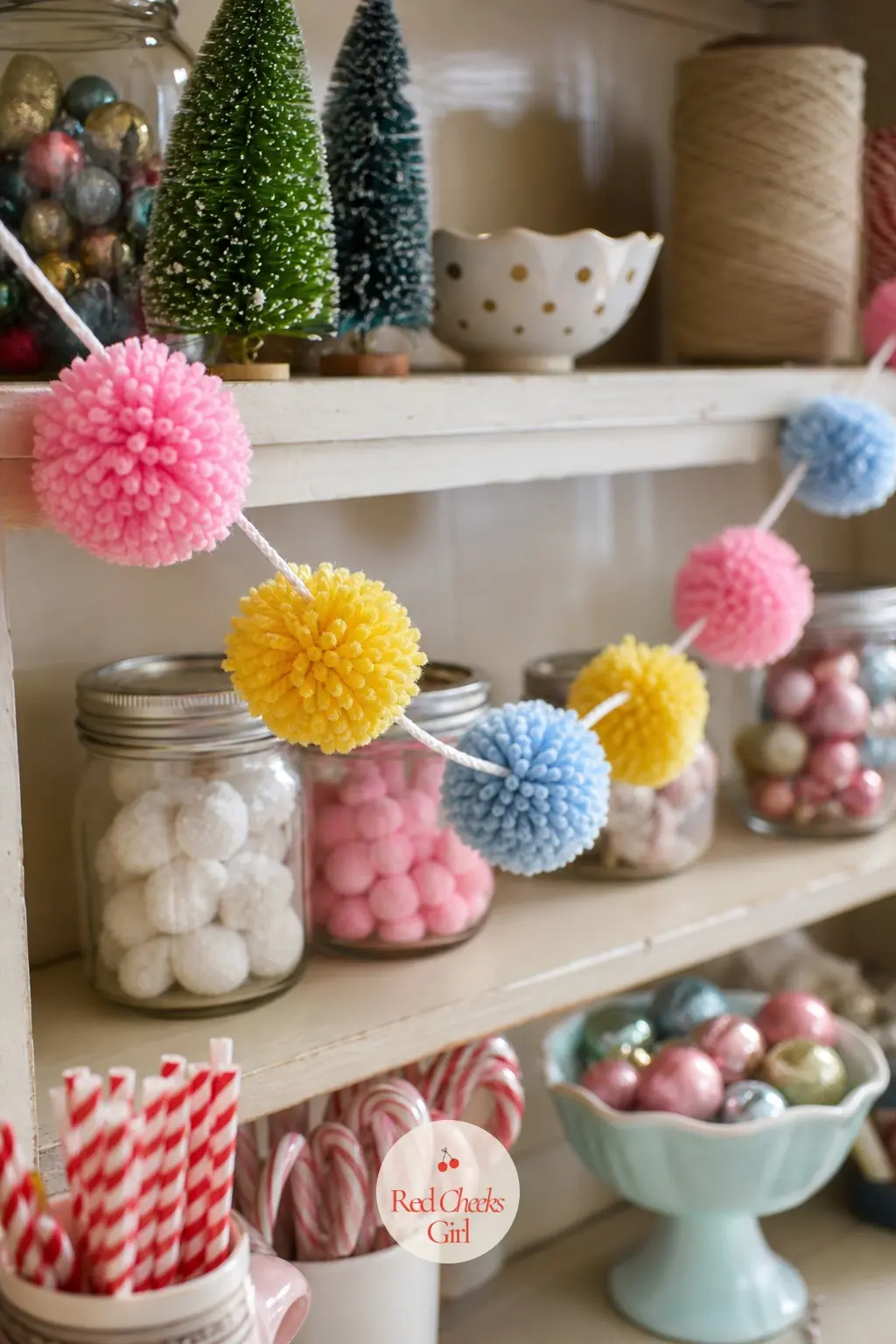 Yarn Pom Pom Garland — Lemon, bubblegum pink and sky blue pom poms made with a simple pom pom maker string onto cotton cord for a garland with real dimension.