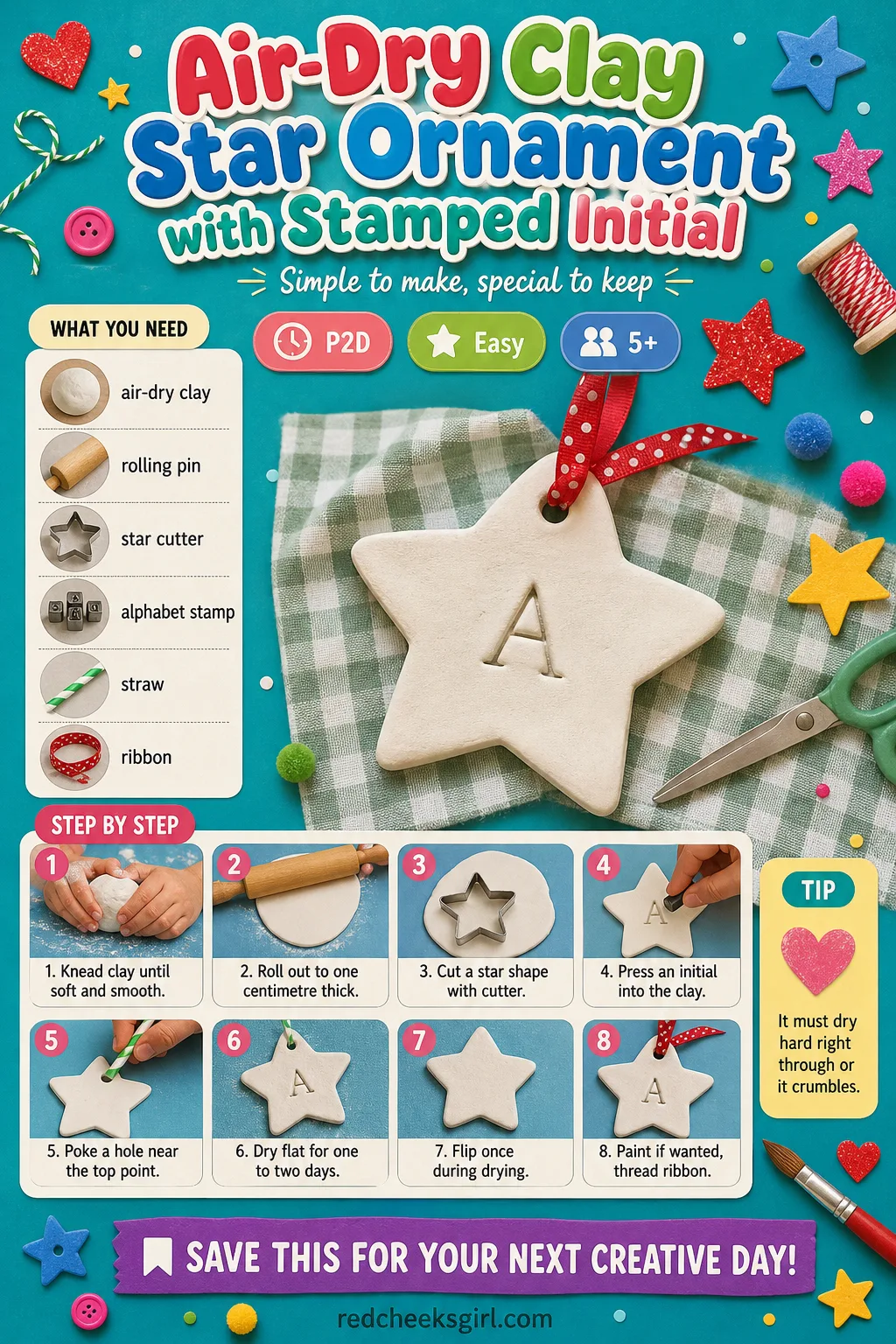 Air-Dry Clay Star Ornament with Stamped Initial Craft Card printable sheet. Diy christmas ornaments for kids
