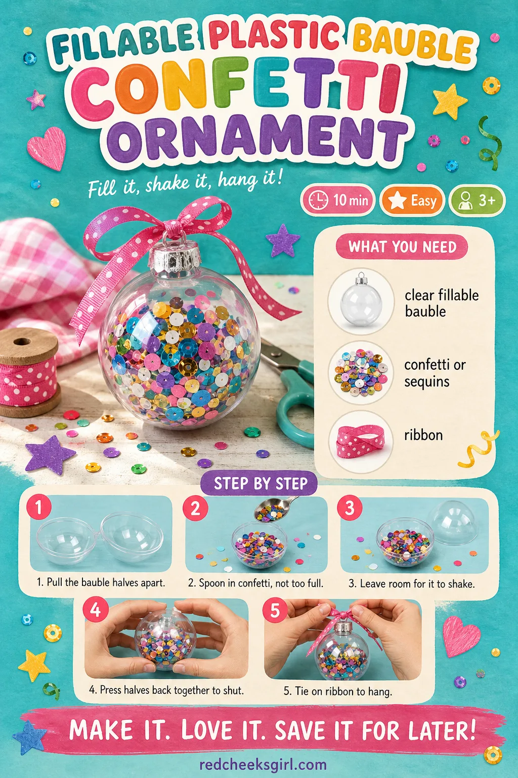 Fillable Plastic Bauble Confetti Ornament Craft Card printable sheet. Diy christmas ornaments for kids
