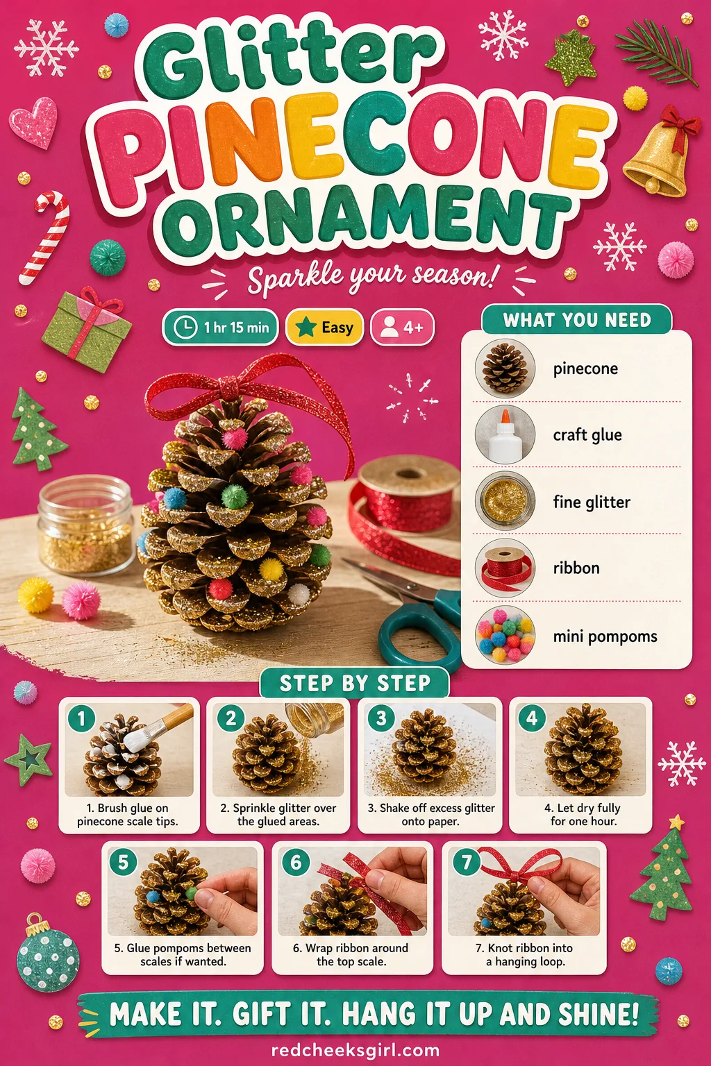 Glitter Pinecone Ornament Craft Card printable sheet. Diy christmas ornaments for kids