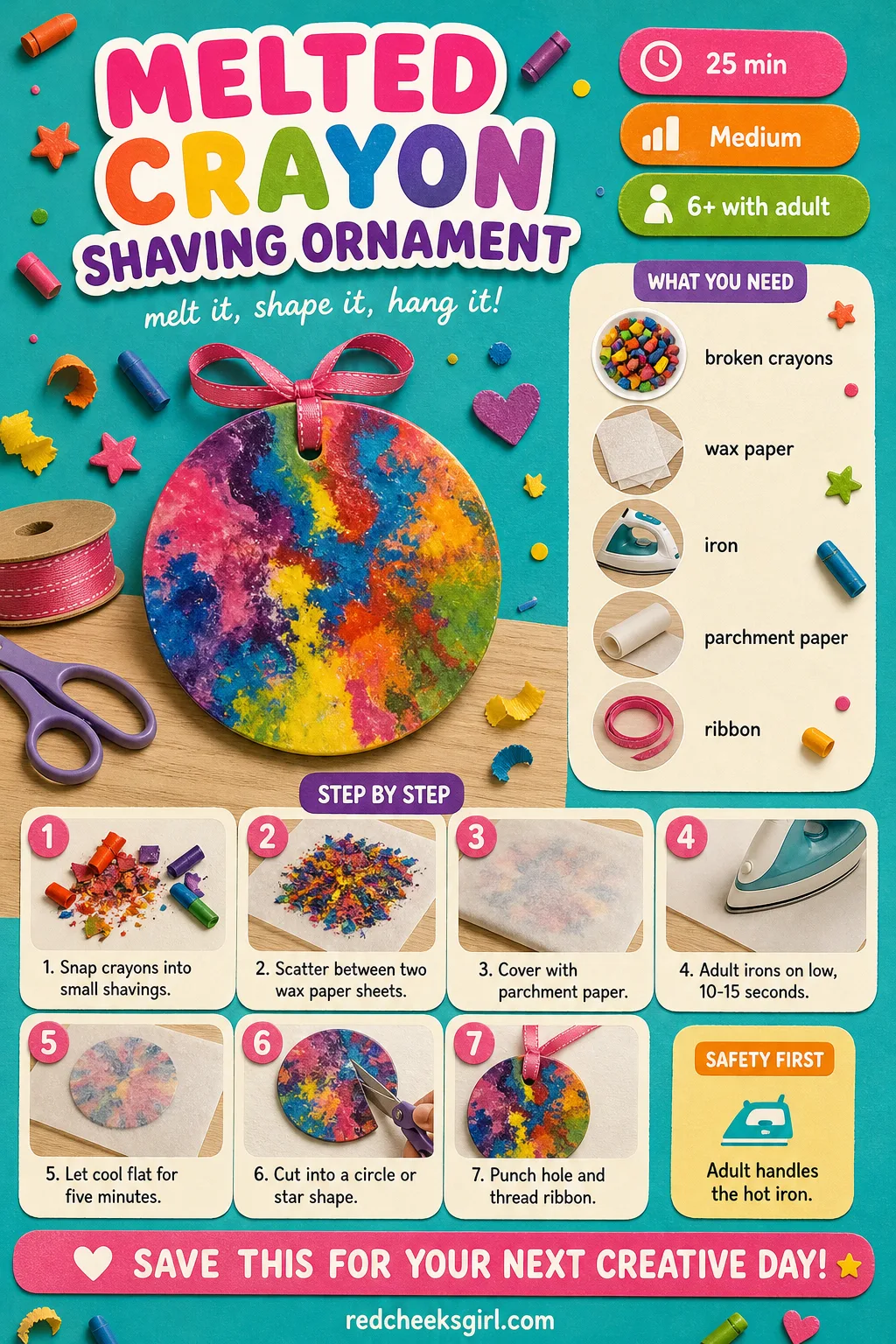 Melted Crayon Shaving Ornament Craft Card printable sheet. Diy christmas ornaments for kids