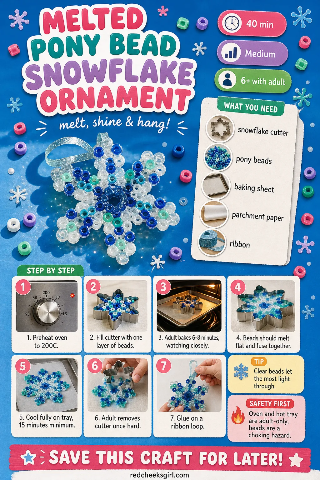 Melted Pony Bead Snowflake Ornament Craft Card printable sheet. Diy christmas ornaments for kids
