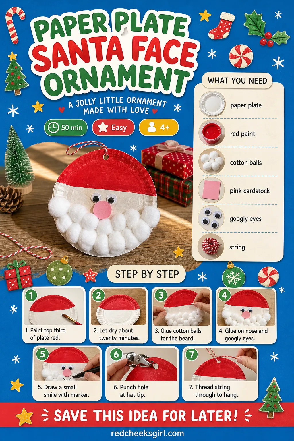 Paper Plate Santa Face Ornament Craft Card printable sheet. Diy christmas ornaments for kids