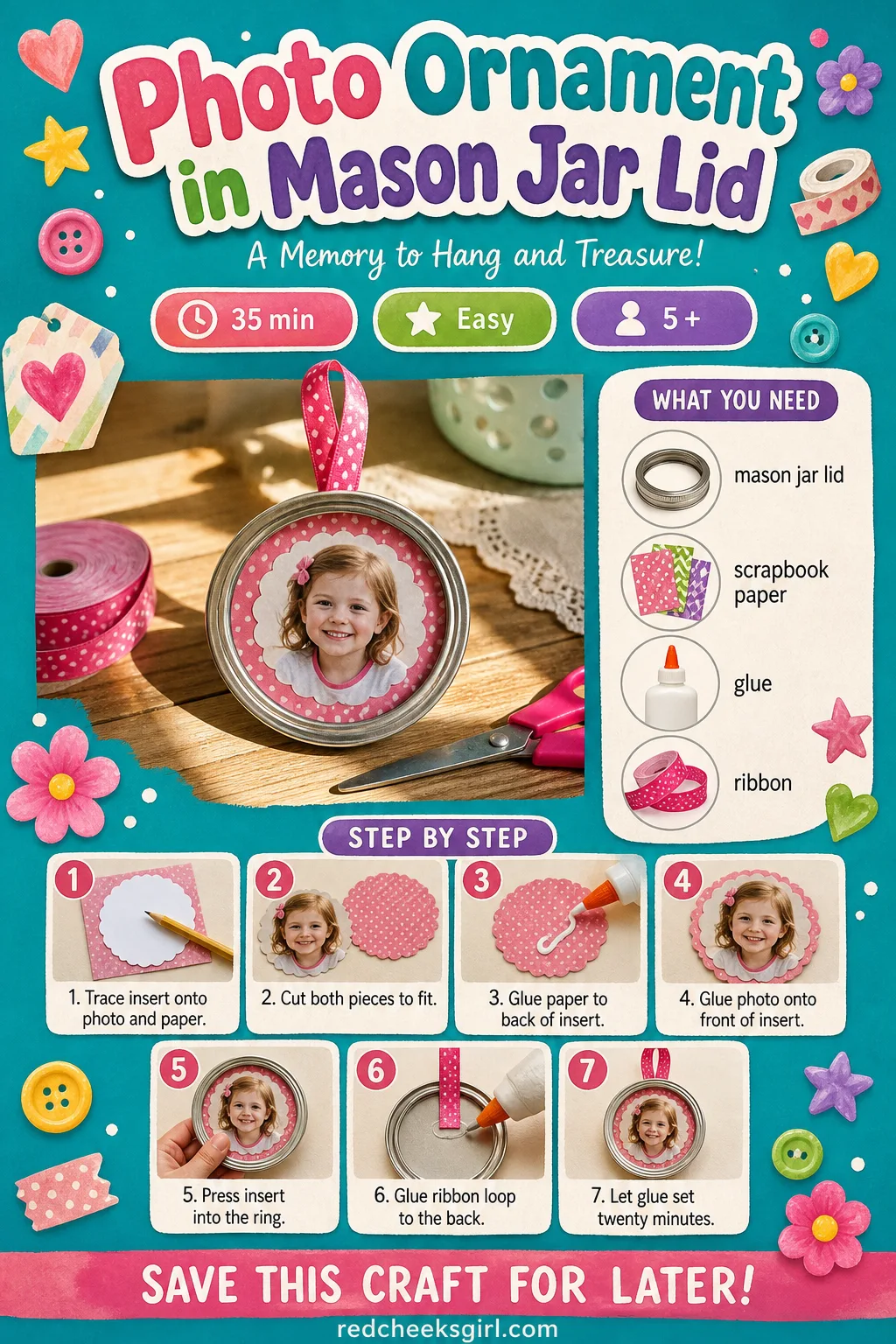 Photo Ornament in Mason Jar Lid Craft Card printable sheet. Diy christmas ornaments for kids
