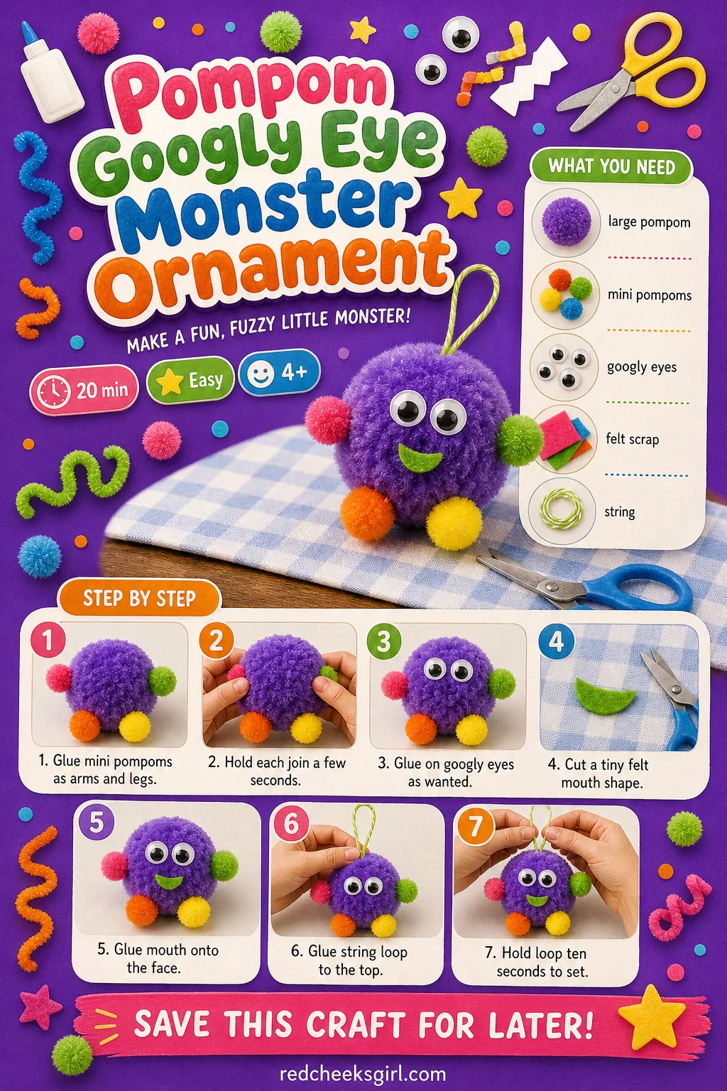 Pompom Googly Eye Monster Ornament Craft Card printable sheet. Diy christmas ornaments for kids