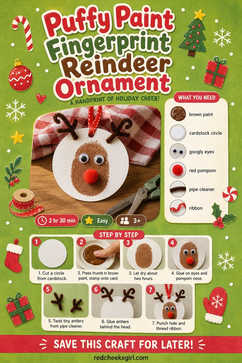 Puffy Paint Fingerprint Reindeer Ornament Craft Card printable sheet. Diy christmas ornaments for kids