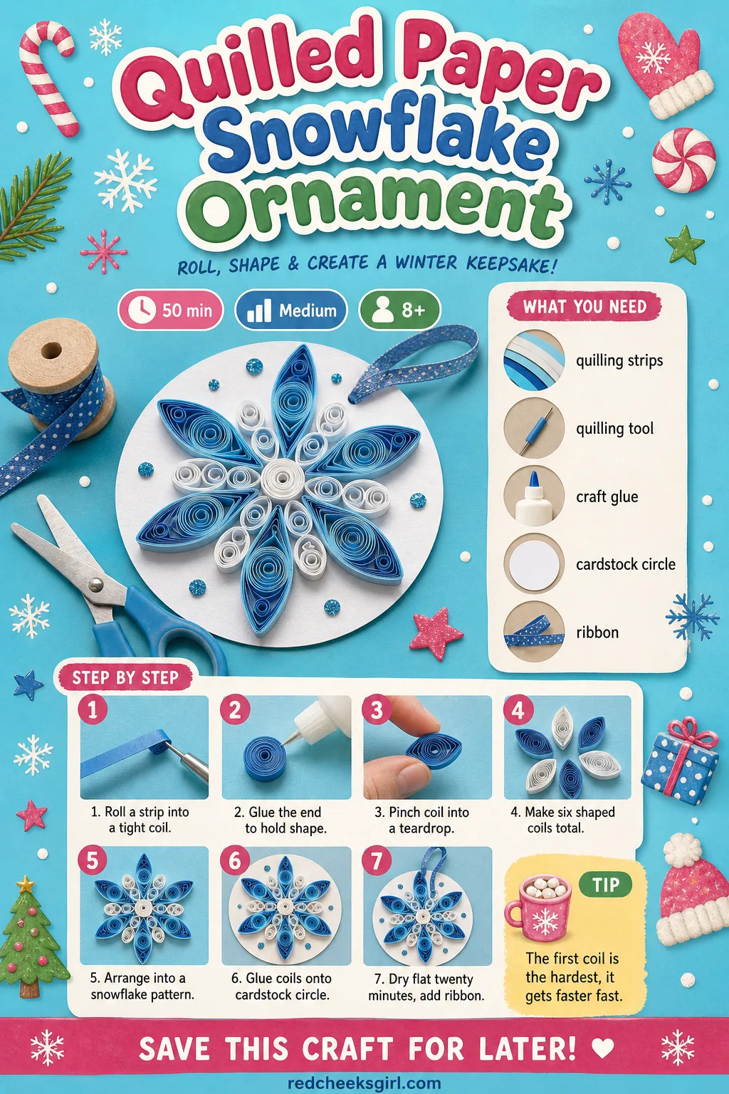 Quilled Paper Snowflake Ornament Craft Card printable sheet. Diy christmas ornaments for kids