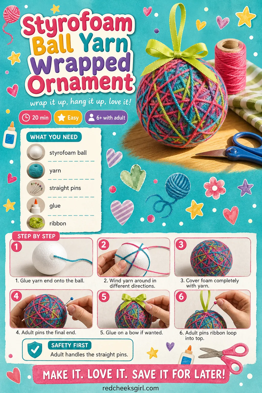 Styrofoam Ball Yarn Wrapped Ornament Craft Card printable sheet. Diy christmas ornaments for kids