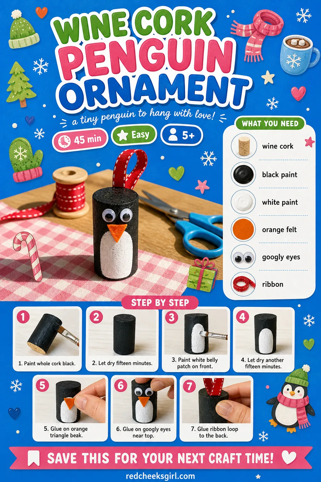 Wine Cork Penguin Ornament Craft Card printable sheet. Diy christmas ornaments for kids