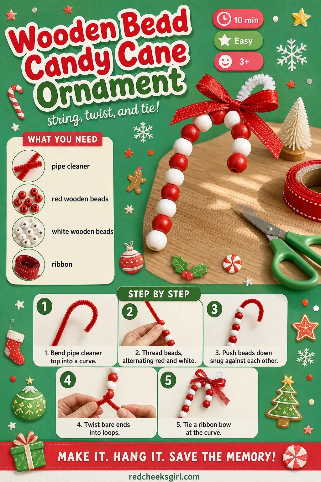Wooden Bead Candy Cane Ornament Craft Card printable sheet. Diy christmas ornaments for kids