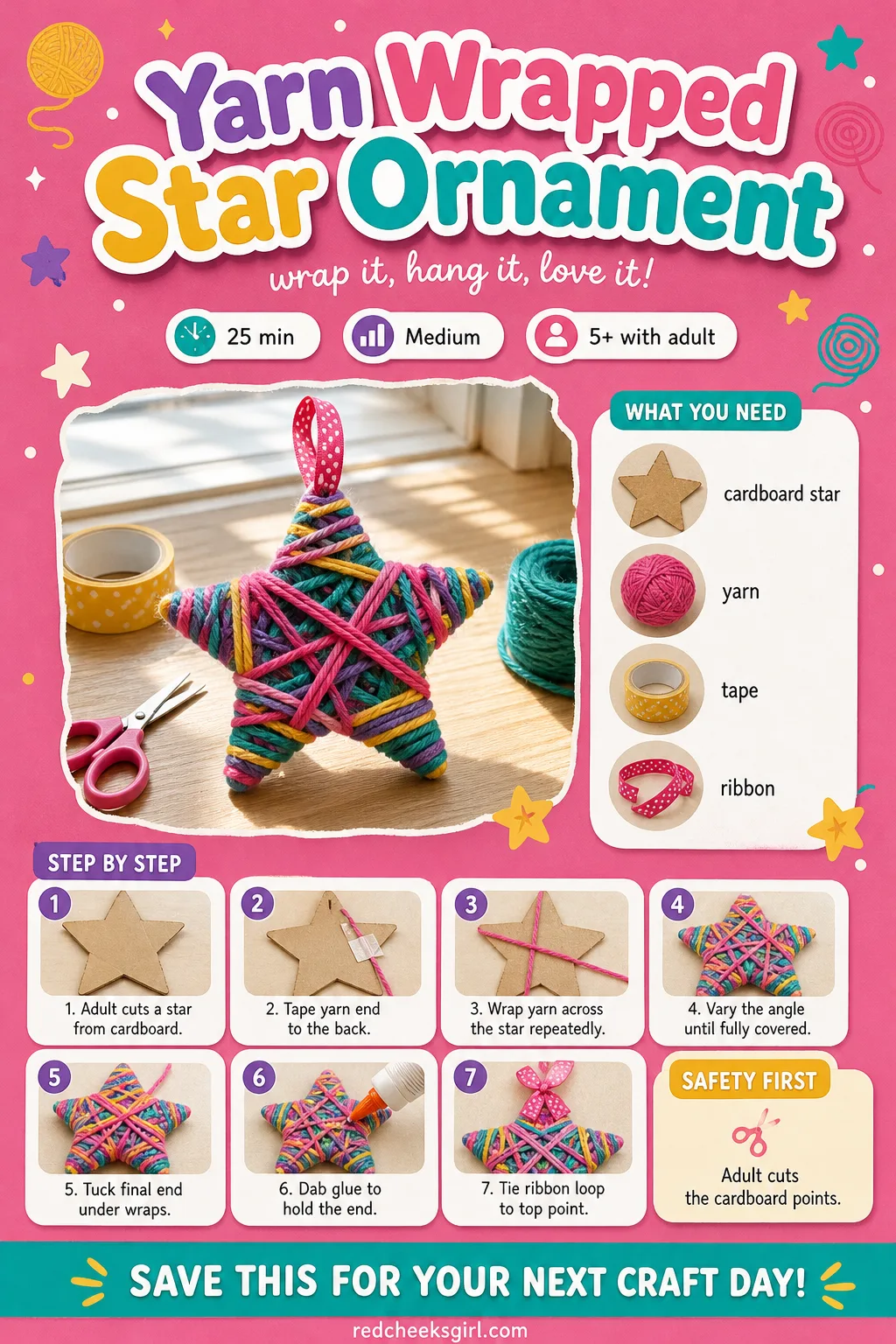 Yarn Wrapped Star Ornament Craft Card printable sheet. Diy christmas ornaments for kids