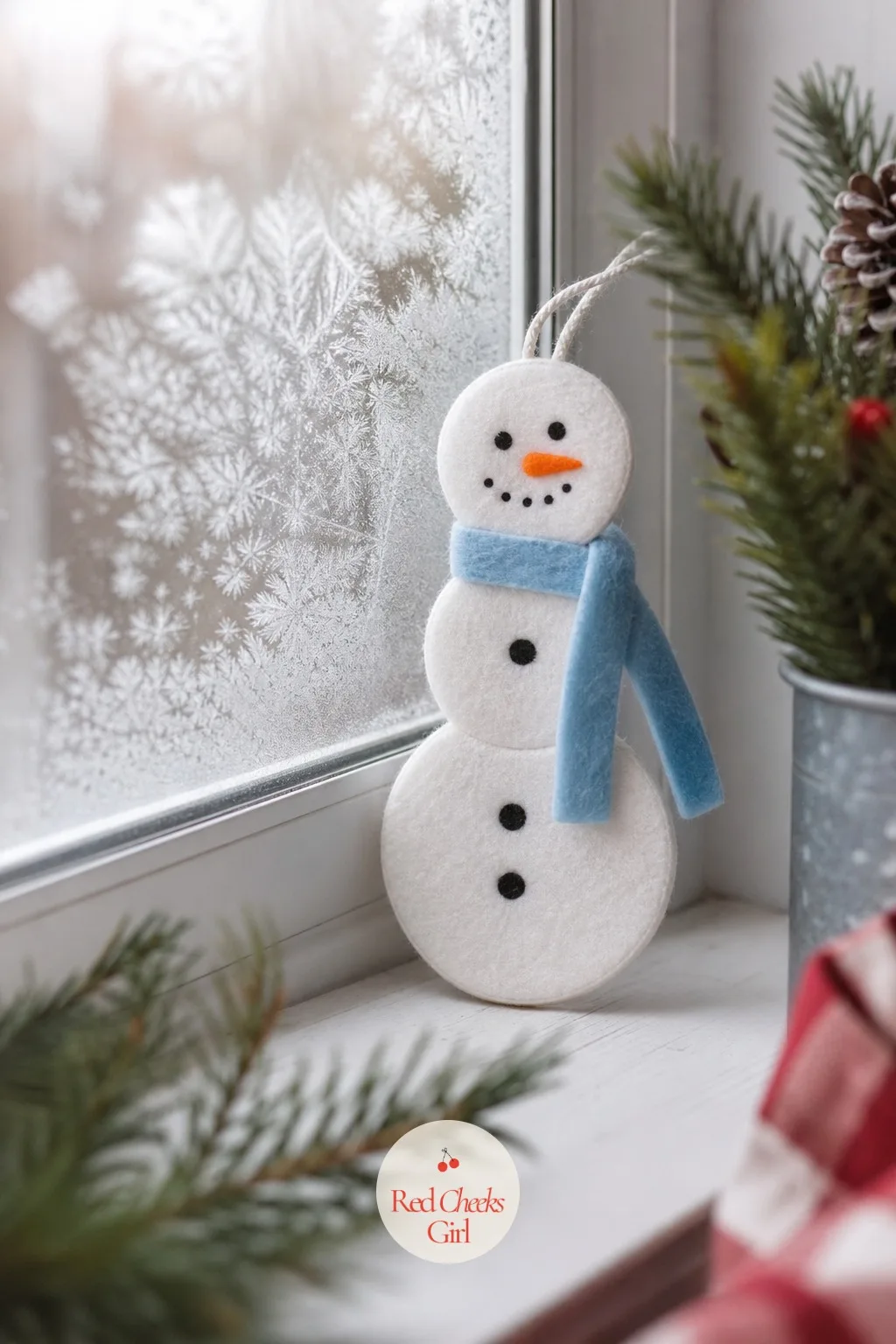 Stacked Circle Felt Snowman — Three white circles stacked and layered smaller to larger, a tiny sky blue scarf cut from a scrap, an orange felt triangle no