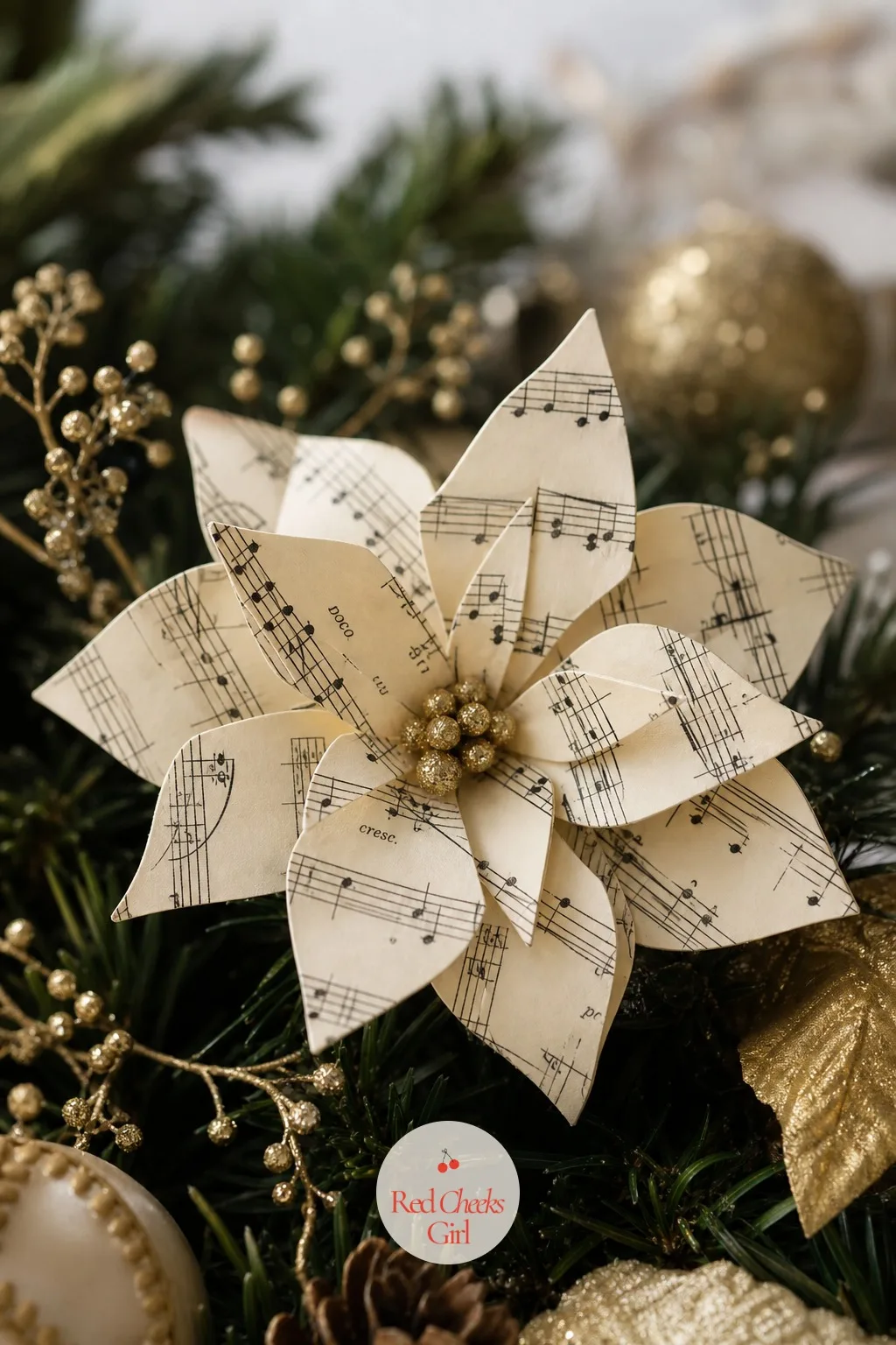 Sheet-Music Poinsettia — Petals cut from old sheet music, cupped slightly with a fingertip, build into a poinsettia that photographs like fabric from a
