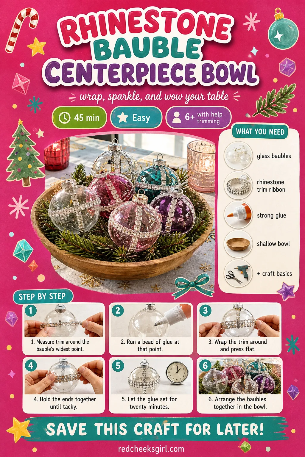 Rhinestone Bauble Centerpiece Bowl Craft Card printable sheet — Printable centerpiece card showing the trimmed baubles arranged in a bowl. Diy rhinestone crafts
