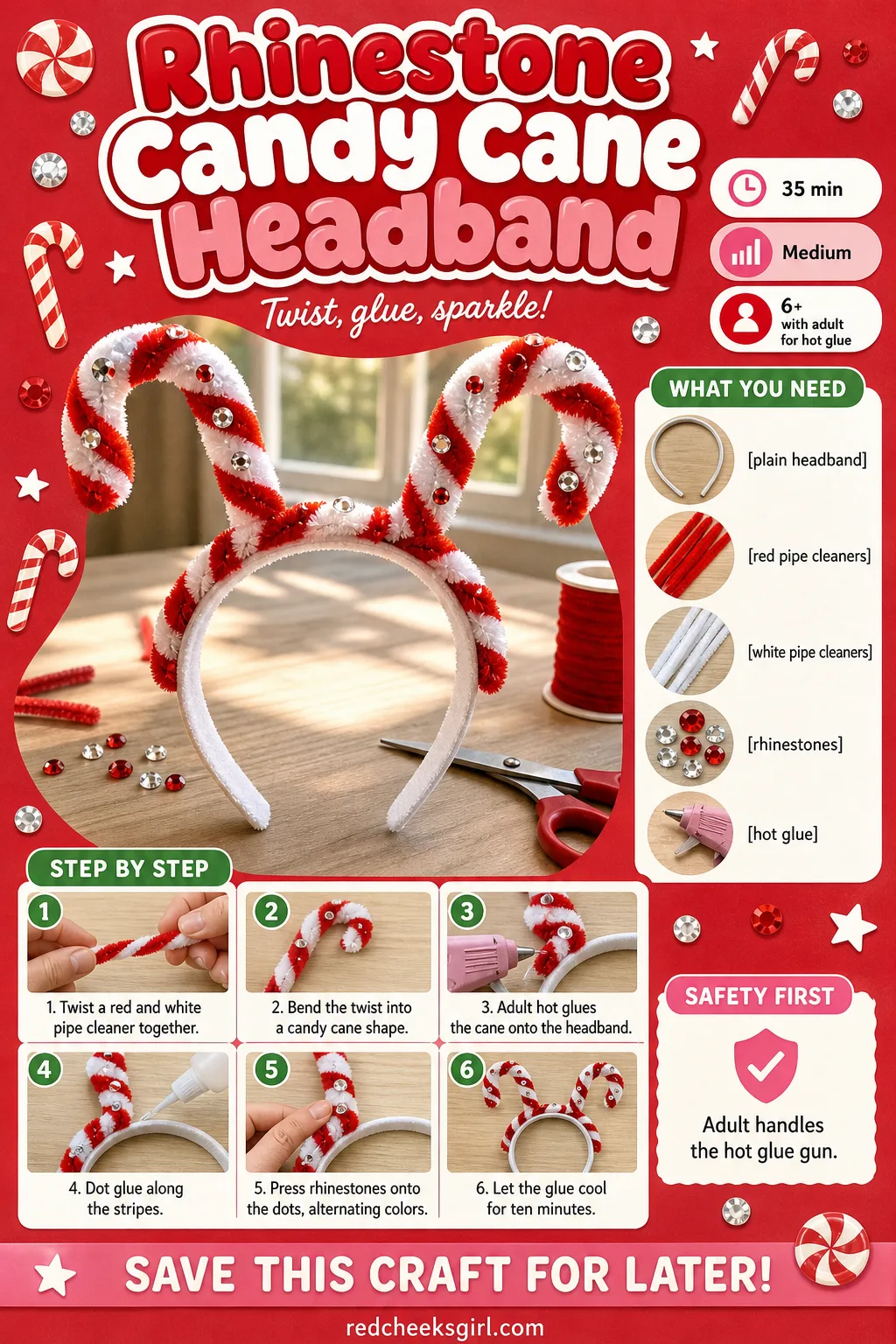 Rhinestone Candy Cane Headband Craft Card printable sheet — Printable card with the finished headband on display and the full build sequence underneath. Diy
