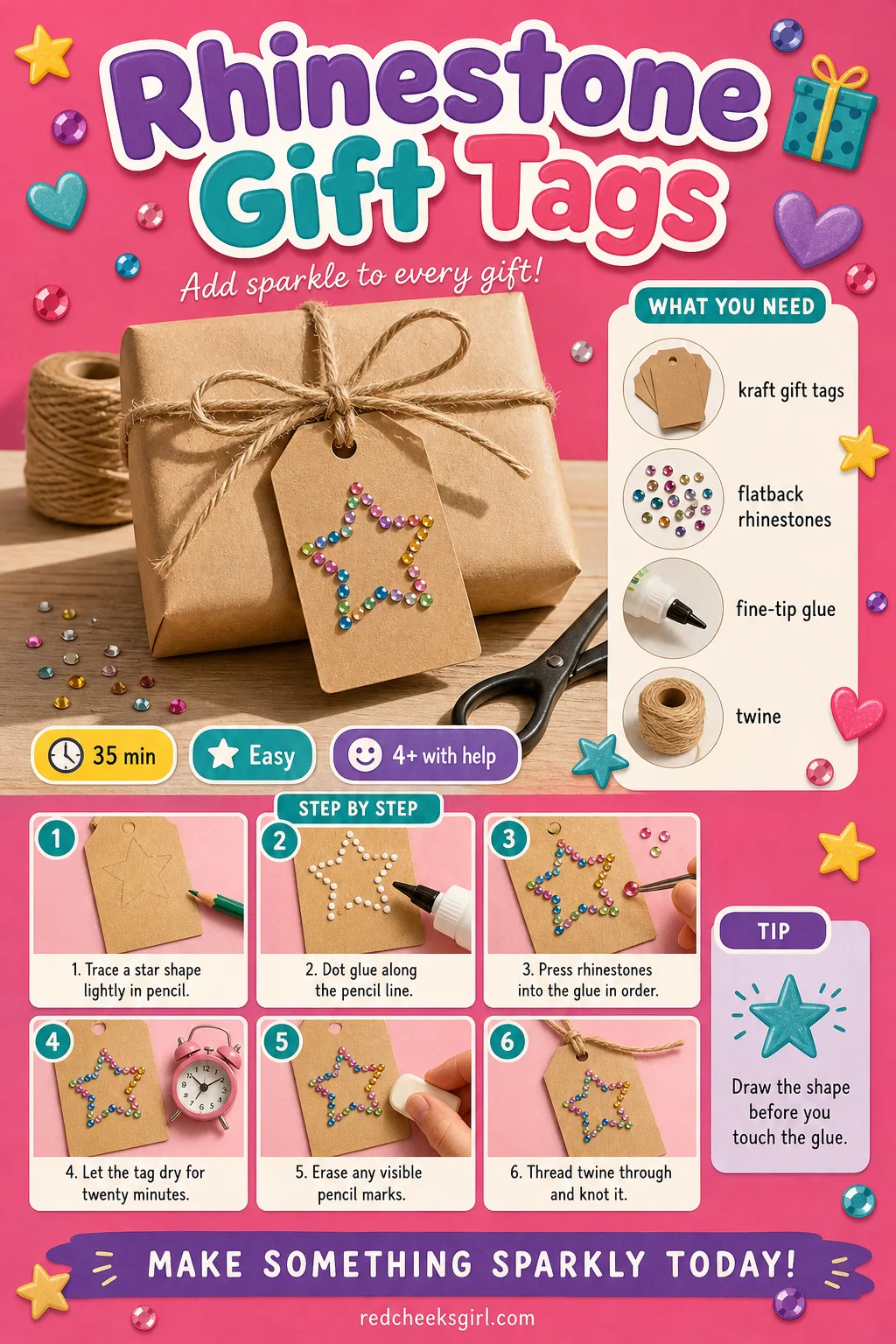 Rhinestone Gift Tags Craft Card printable sheet — A simple printable card walking through the gift tag method top to bottom, photo first, steps after. Diy