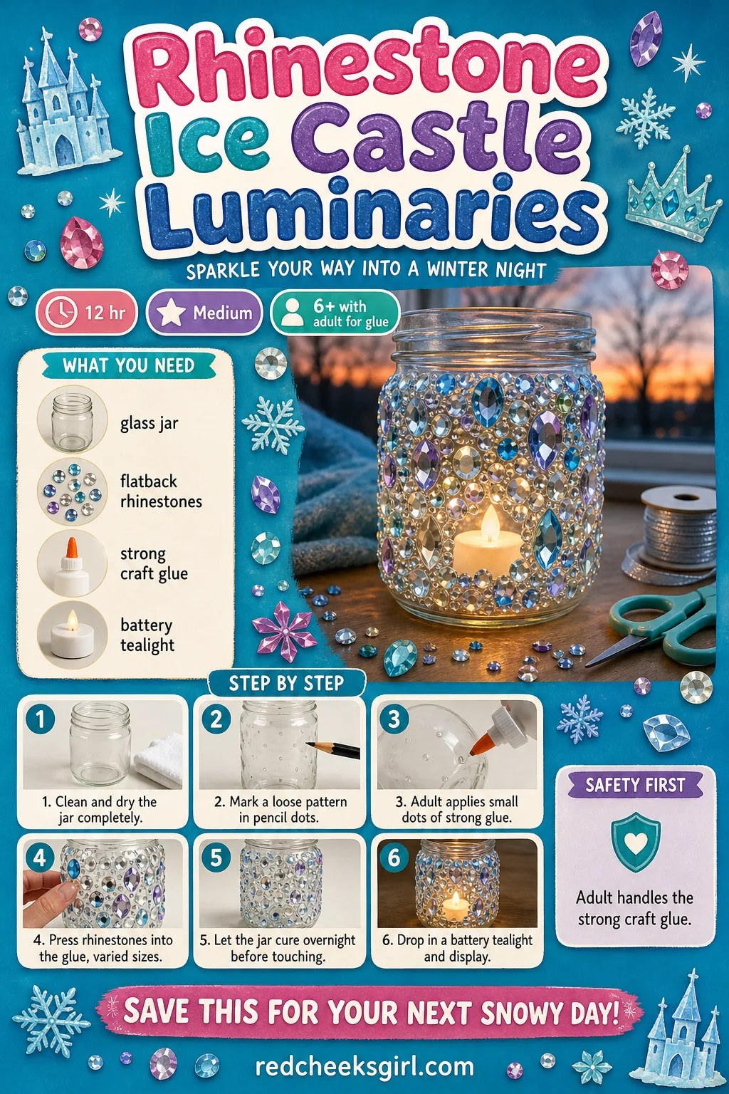 Rhinestone Ice Castle Luminaries Craft Card printable sheet — Printable card for the jar luminary, photo first, overnight cure time clearly marked. Diy