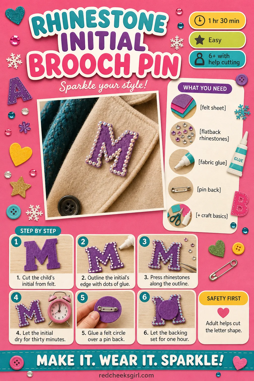 Rhinestone Initial Brooch Pin Craft Card printable sheet — Printable wearable card showing the finished felt initial pin and full method. Diy rhinestone crafts
