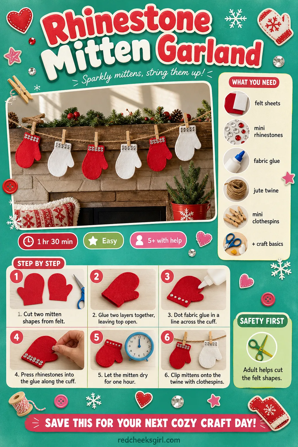 Rhinestone Mitten Garland Craft Card printable sheet — A mantel-ready printable showing the finished garland and clear assembly steps. Diy rhinestone crafts