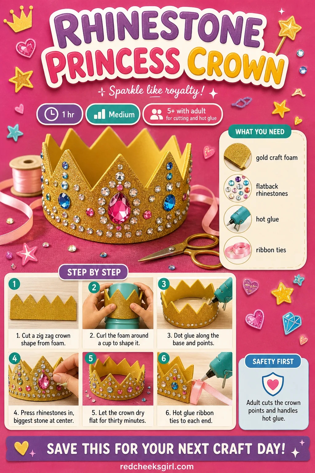 Rhinestone Princess Crown Craft Card printable sheet — Printable party-favor card showing the finished crown and build order. Diy rhinestone crafts