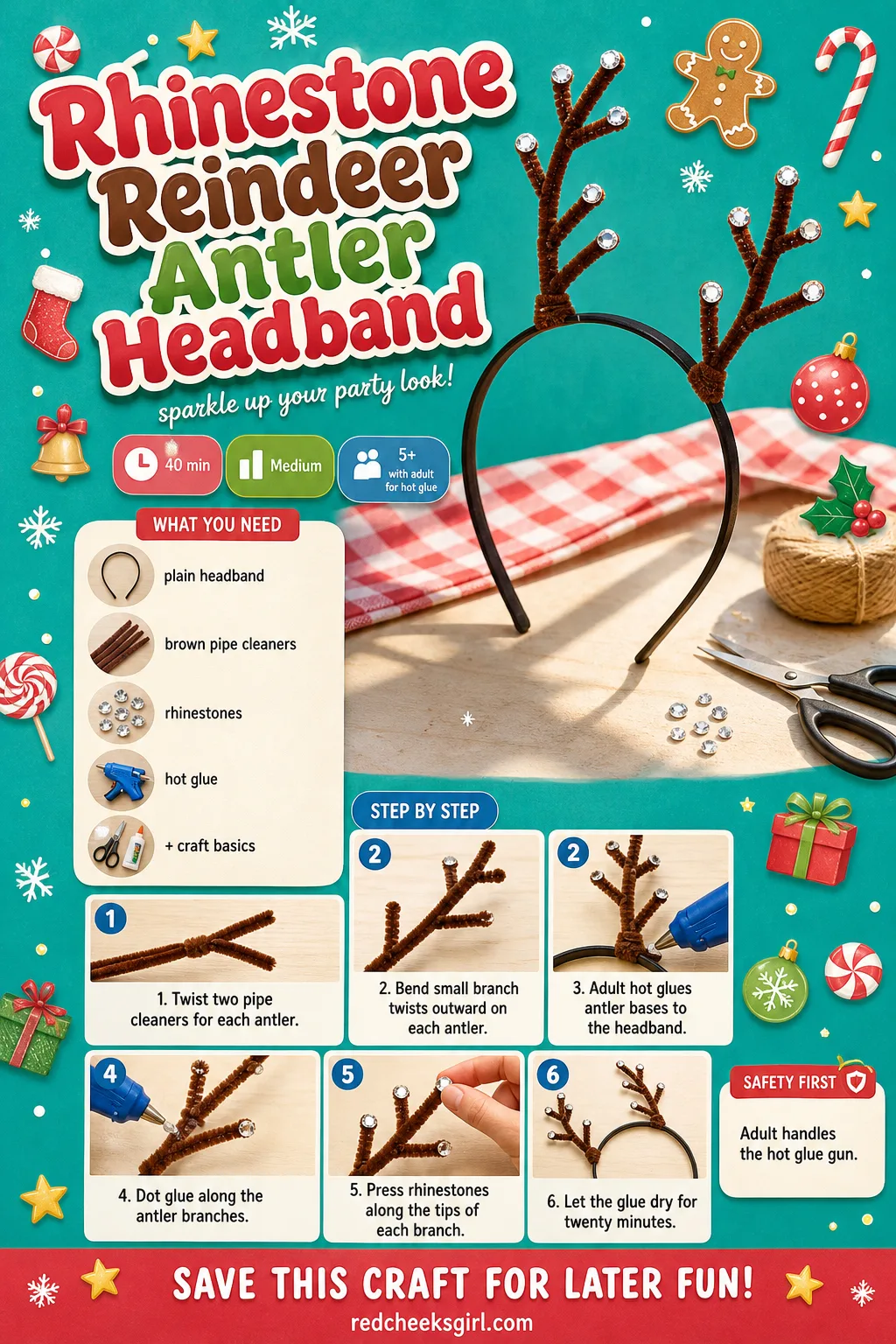 Rhinestone Reindeer Antler Headband Craft Card printable sheet — Printable party wearable card showing the finished antler headband and build steps. Diy