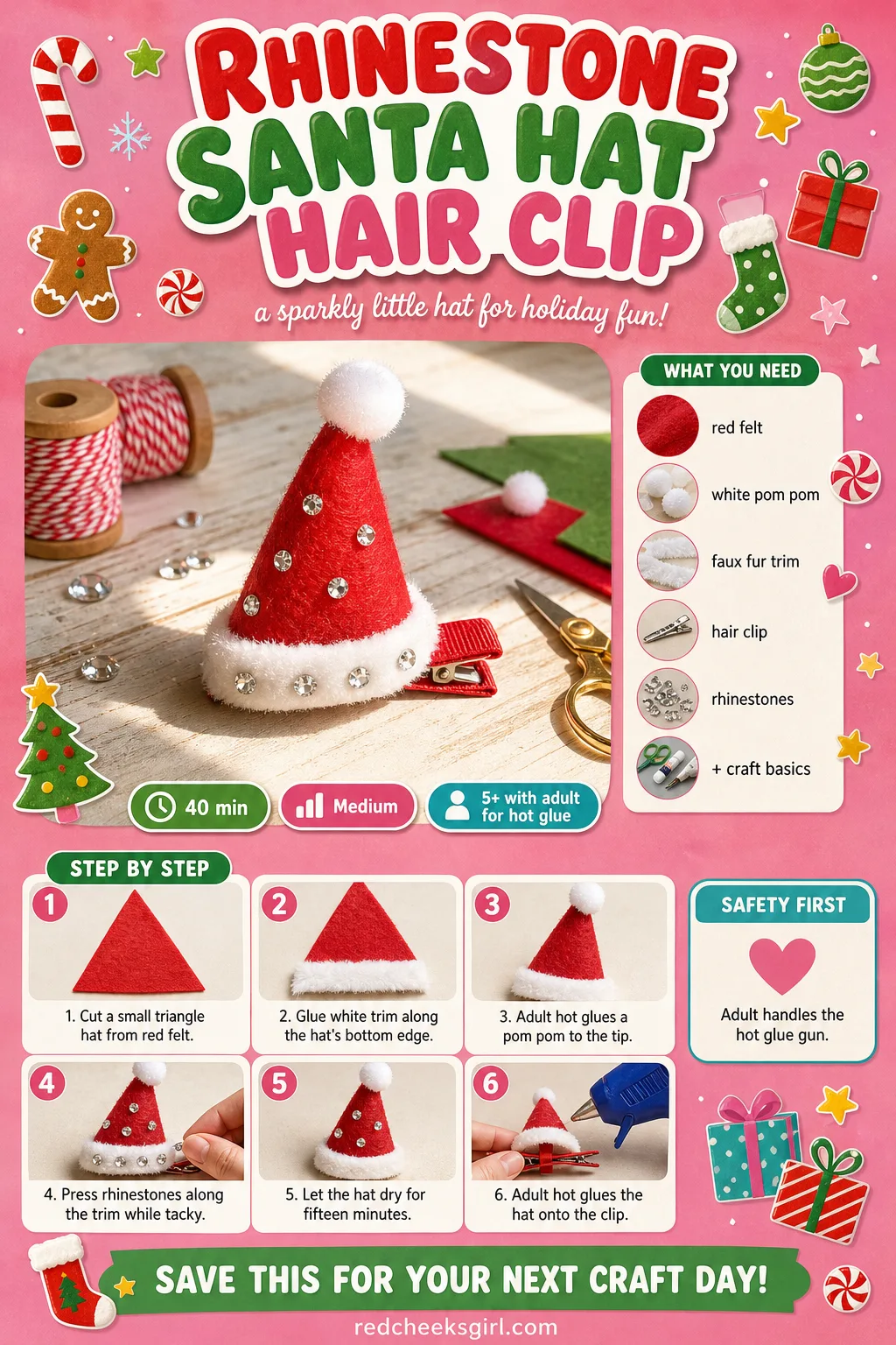 Rhinestone Santa Hat Hair Clip Craft Card printable sheet — Printable card showing the finished hair clip and the build order for party prep. Diy rhinestone