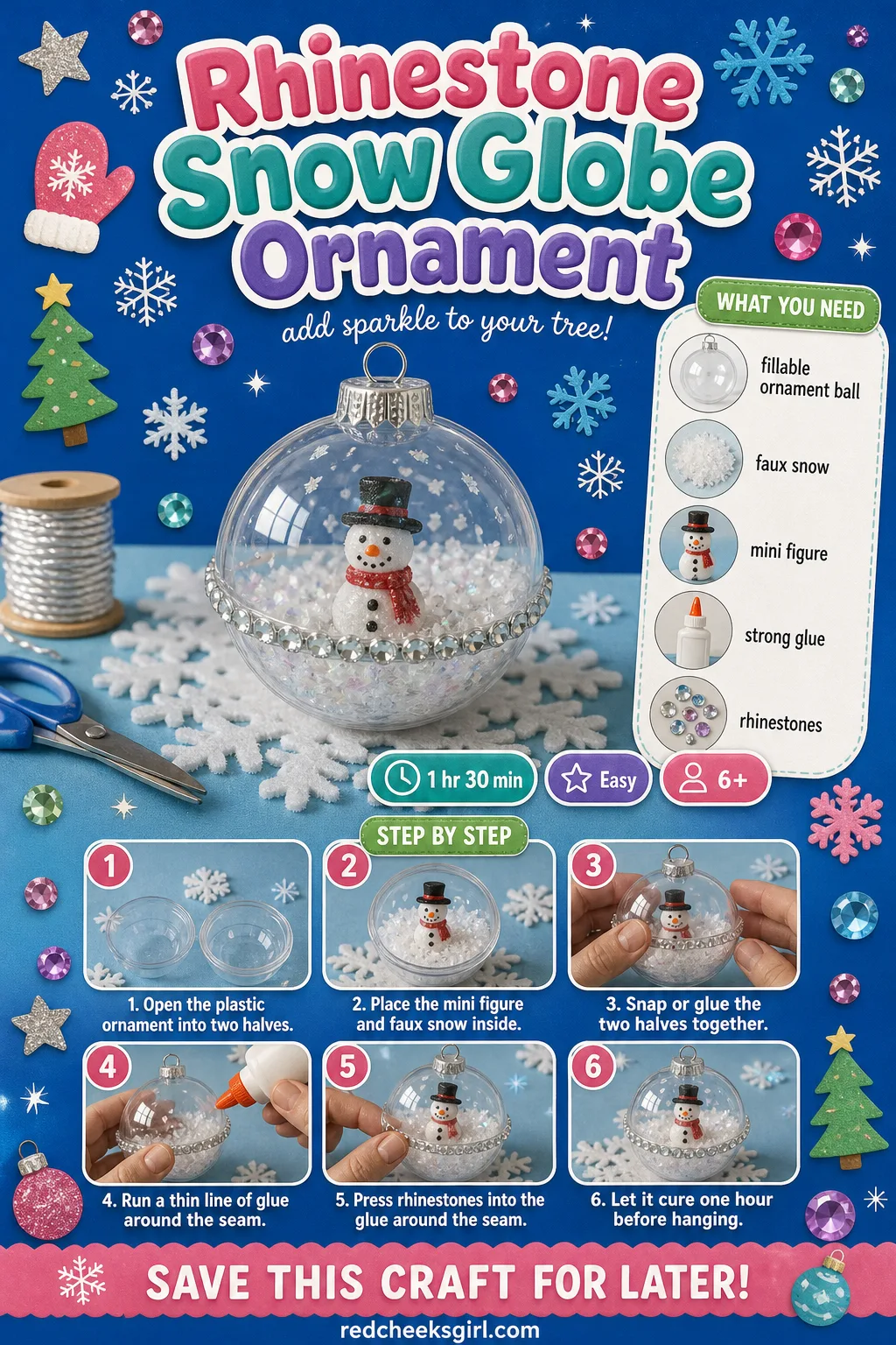 Rhinestone Snow Globe Ornament Craft Card printable sheet — Printable card showing the finished snow globe ornament with its seam hidden in stones. Diy