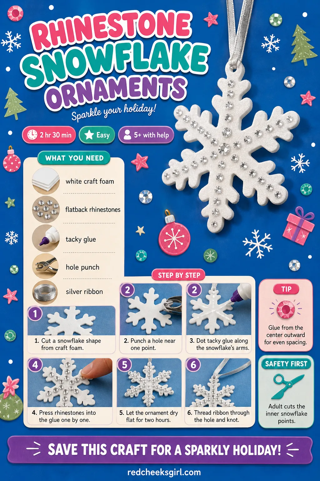 Rhinestone Snowflake Ornaments Craft Card printable sheet — A picture-led card showing the finished snowflake ornament, its full materials list and the