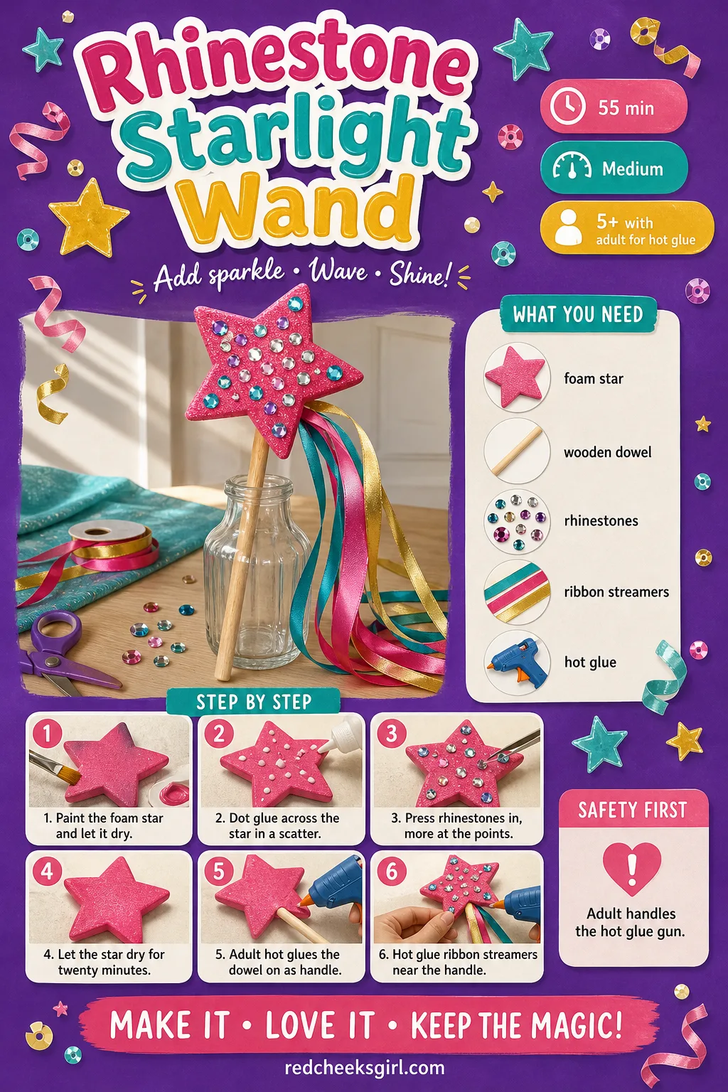 Rhinestone Starlight Wand Craft Card printable sheet — Printable party favor card showing the finished wand and quick build steps. Diy rhinestone crafts