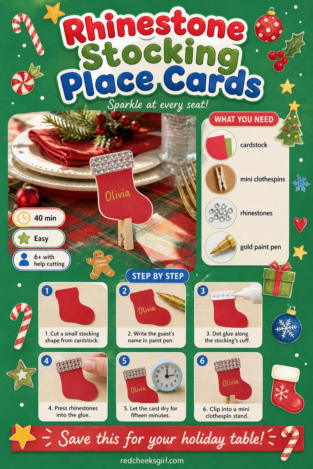 Rhinestone Stocking Place Cards Craft Card printable sheet — Printable table-setting card with the finished place card and its quick method. Diy rhinestone