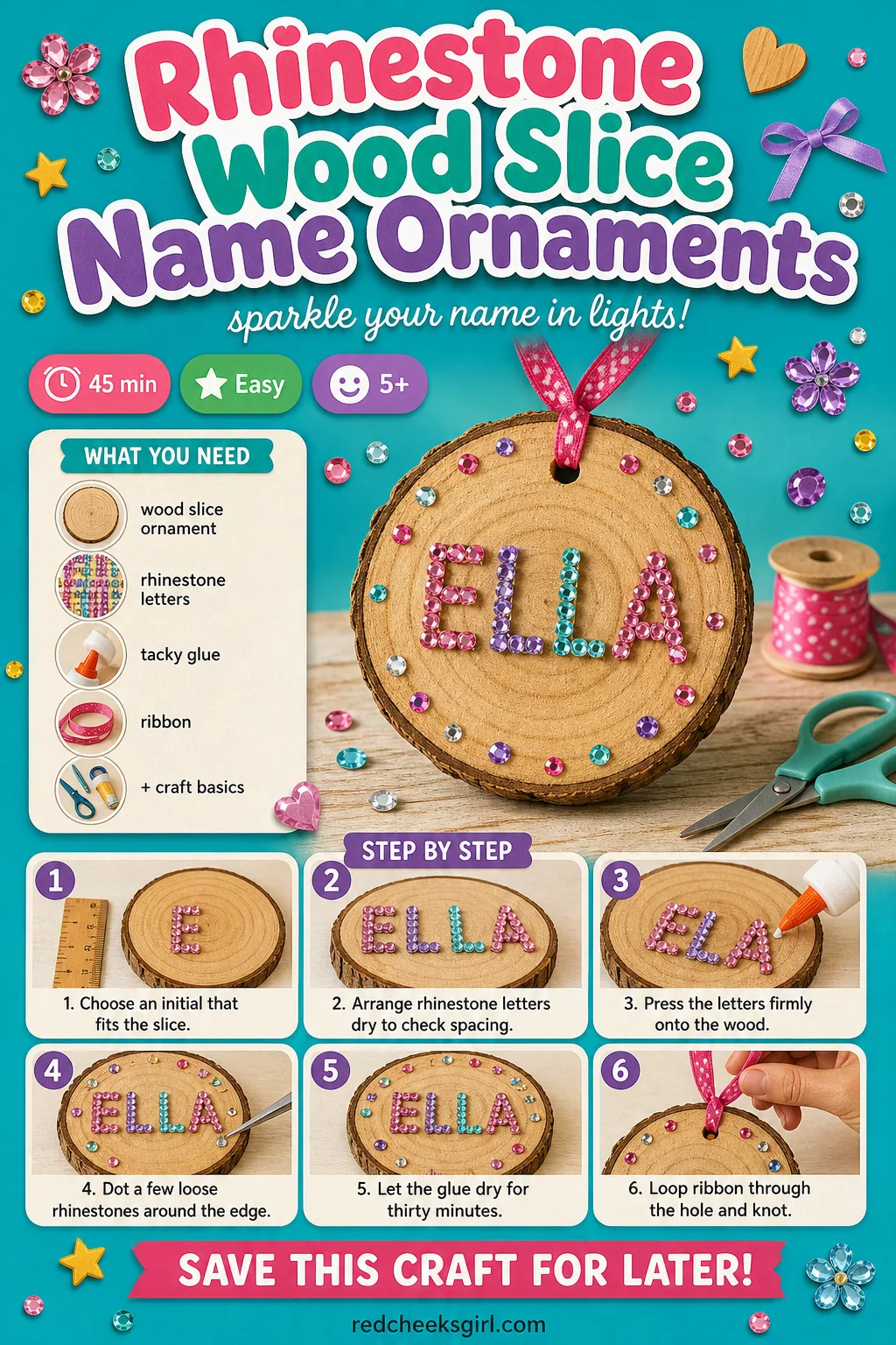 Rhinestone Wood Slice Name Ornaments Craft Card printable sheet — Printable keepsake card showing the wood slice ornament and its step by step letter