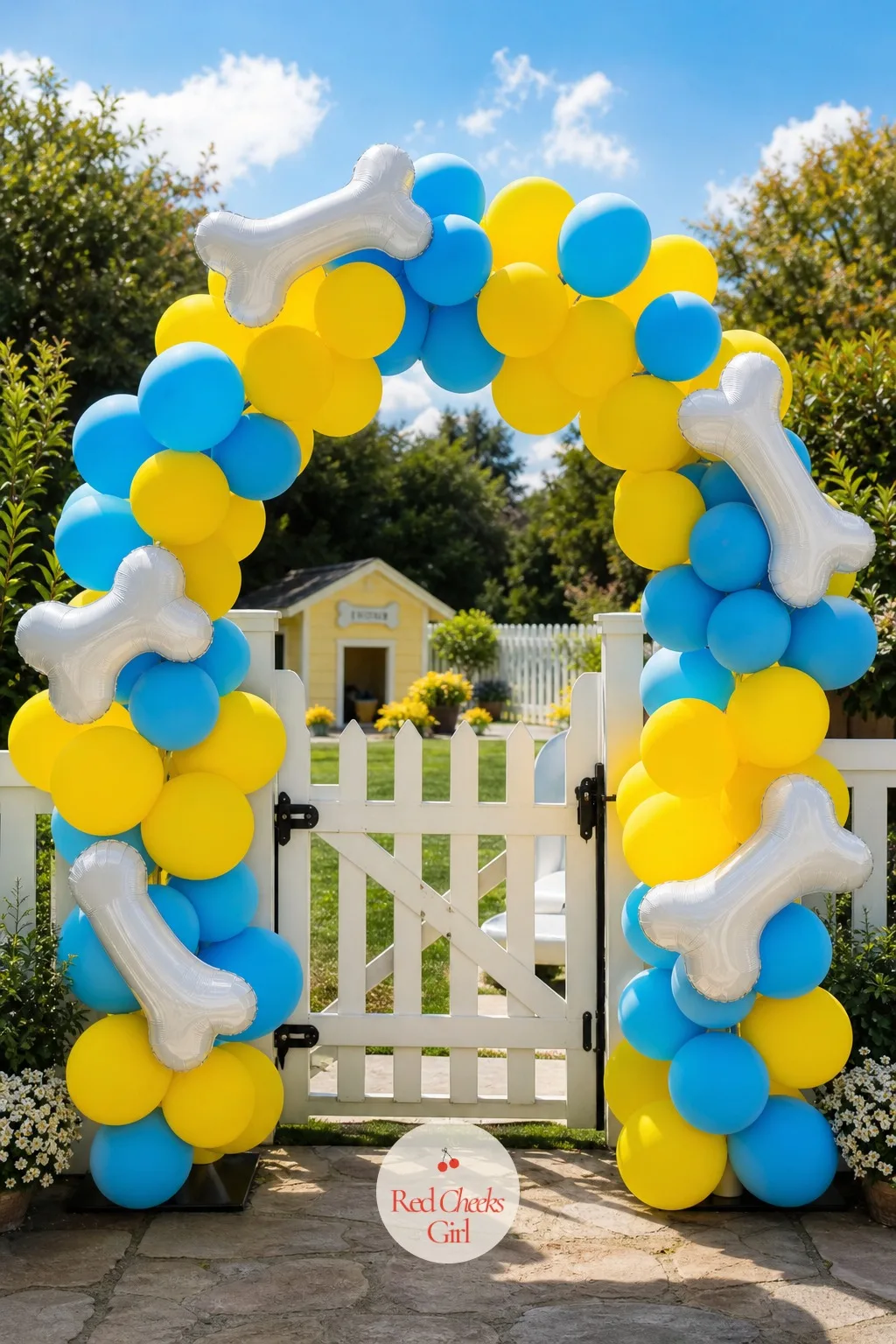 A Bone-And-Balloon Arch Over The Gate — A handful of balloons tied to a mailbox says 'we remembered.' An arch over the entrance says 'come in, this is going to