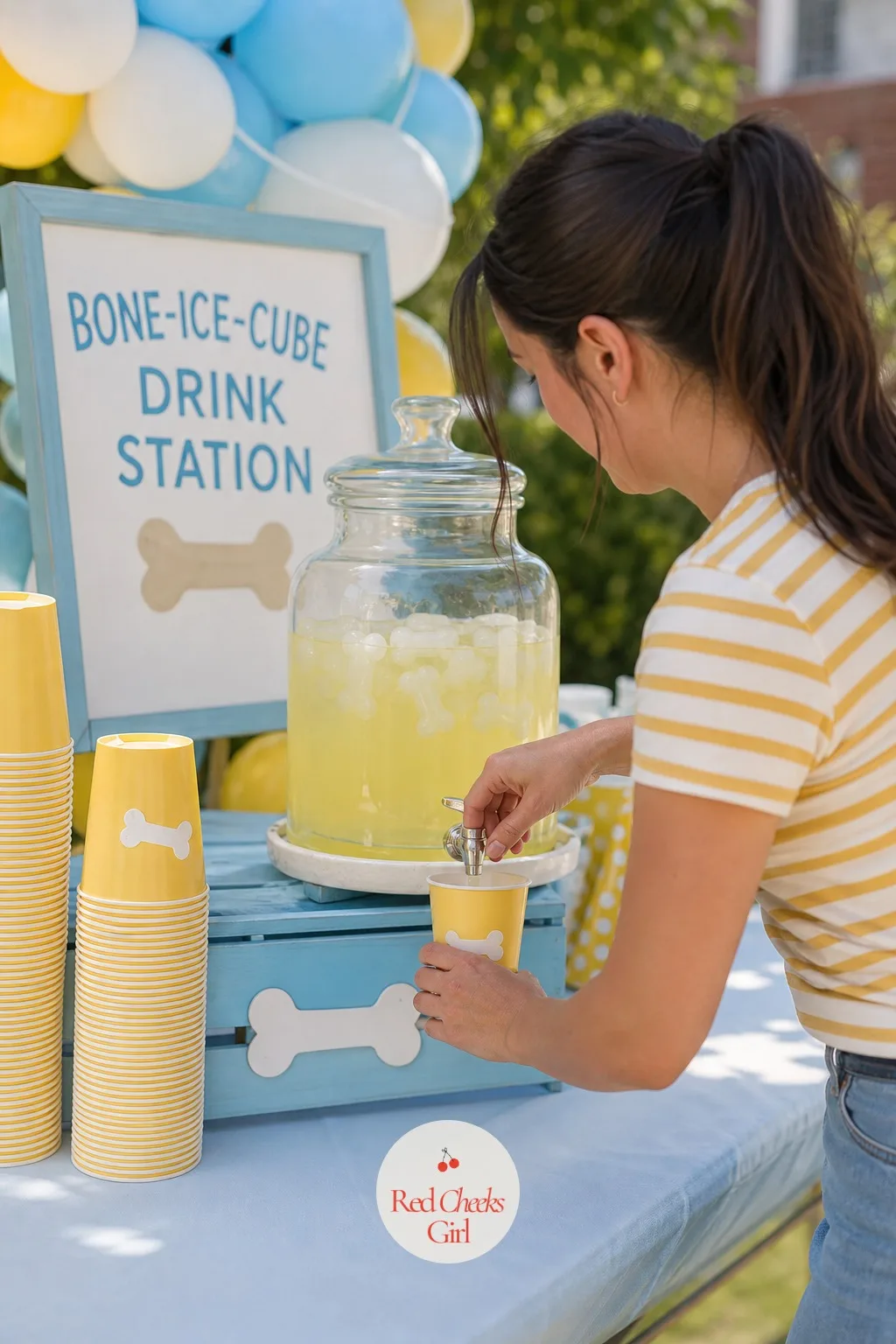 A Bone-Ice-Cube Drink Station — A pitcher of lemonade on a hot afternoon is standard. Dog birthday party ideas