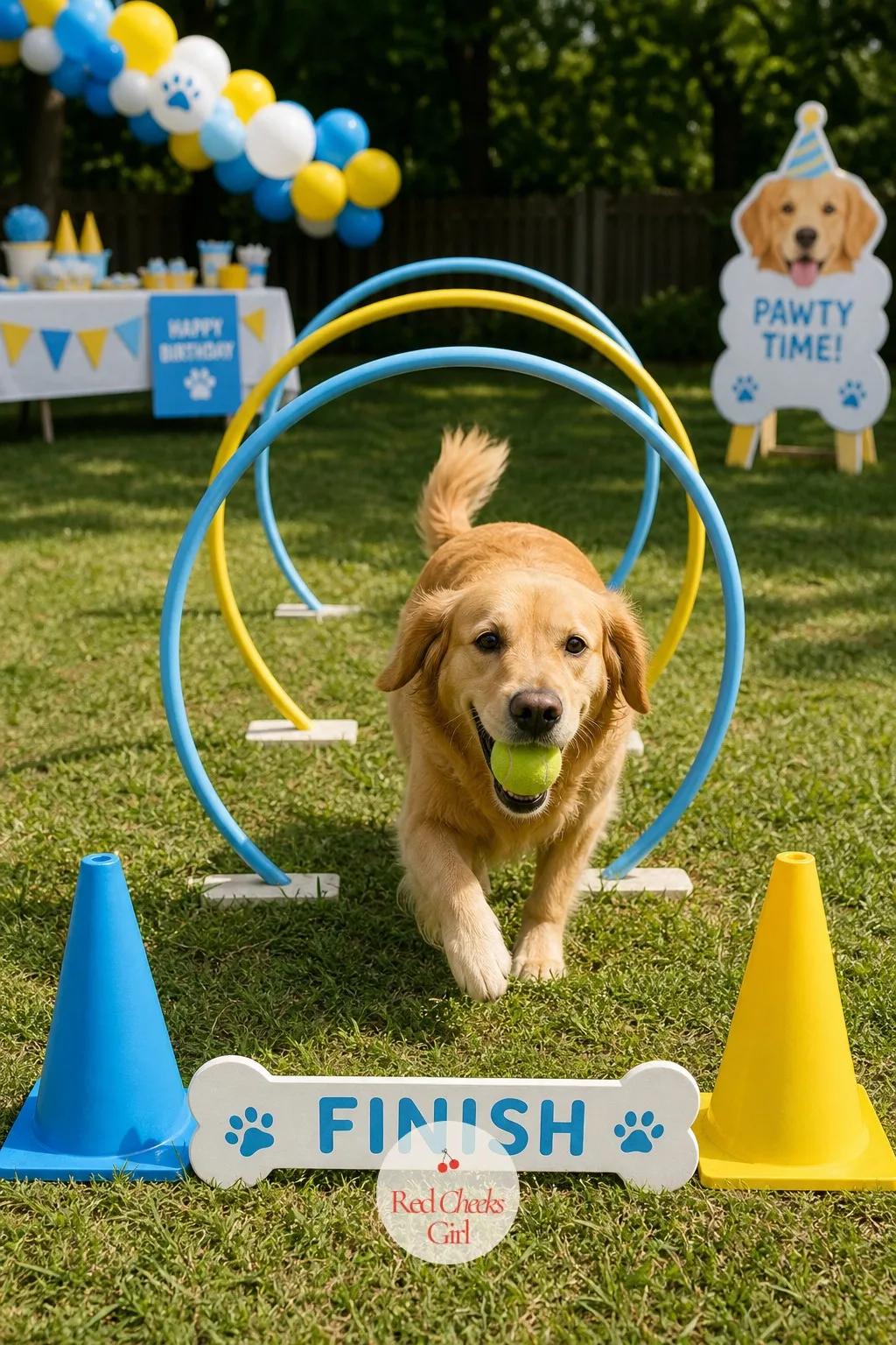 A Fetch Relay Obstacle Course — Dogs that have been sitting politely for cake and candles are ready to move by the time the games start. Dog birthday party