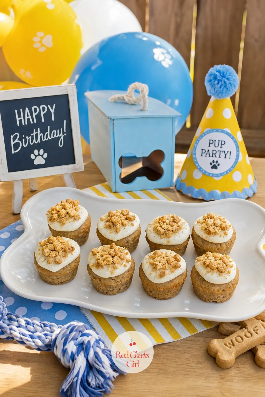 Pupcakes Topped With Crushed Biscuits — One cake and five dogs means five dogs eyeing the same plate. Dog birthday party ideas
