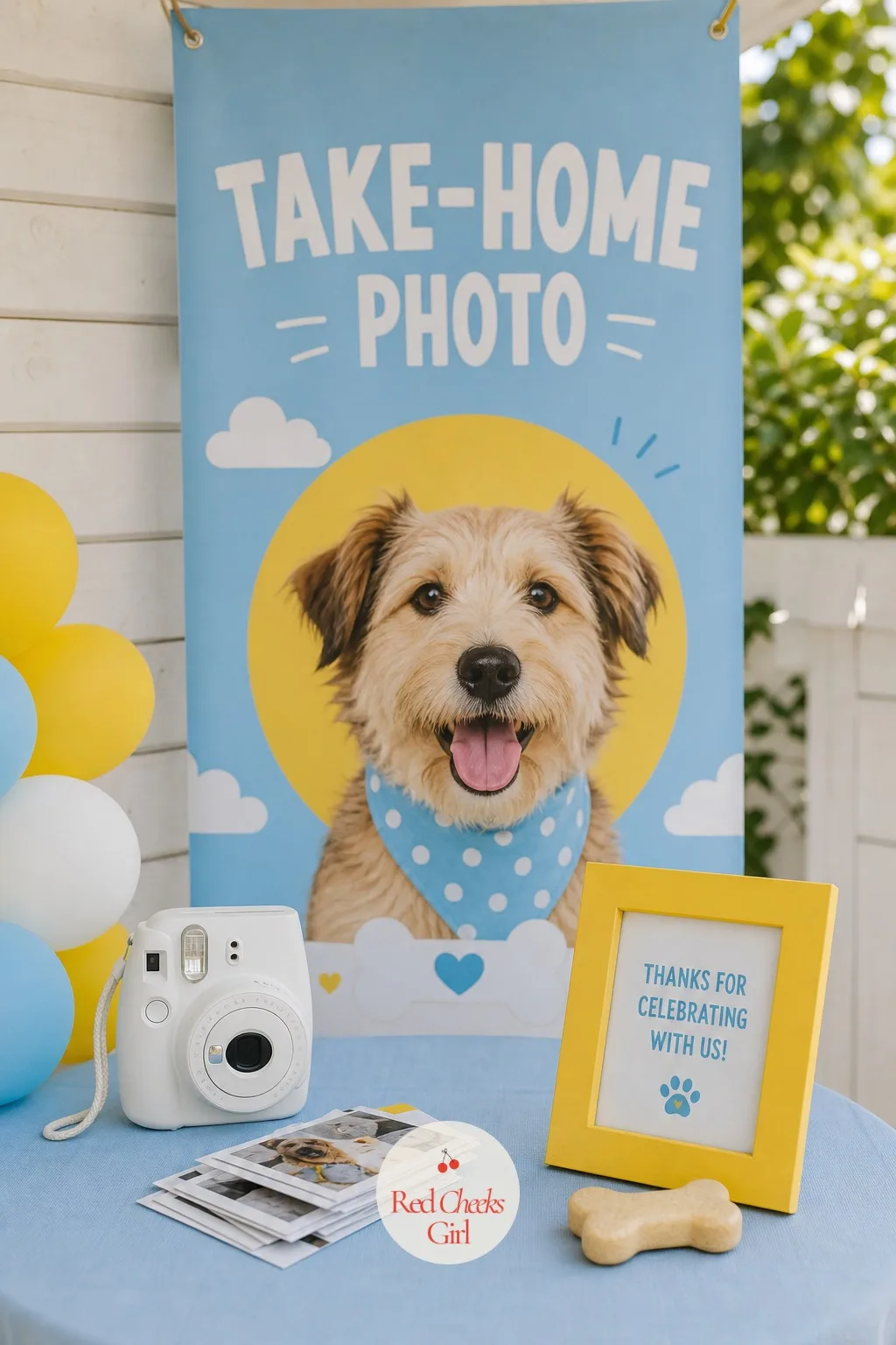 A Take-Home Photo At The Banner — The photo banner does double duty if a camera sits right beside it. Dog birthday party ideas