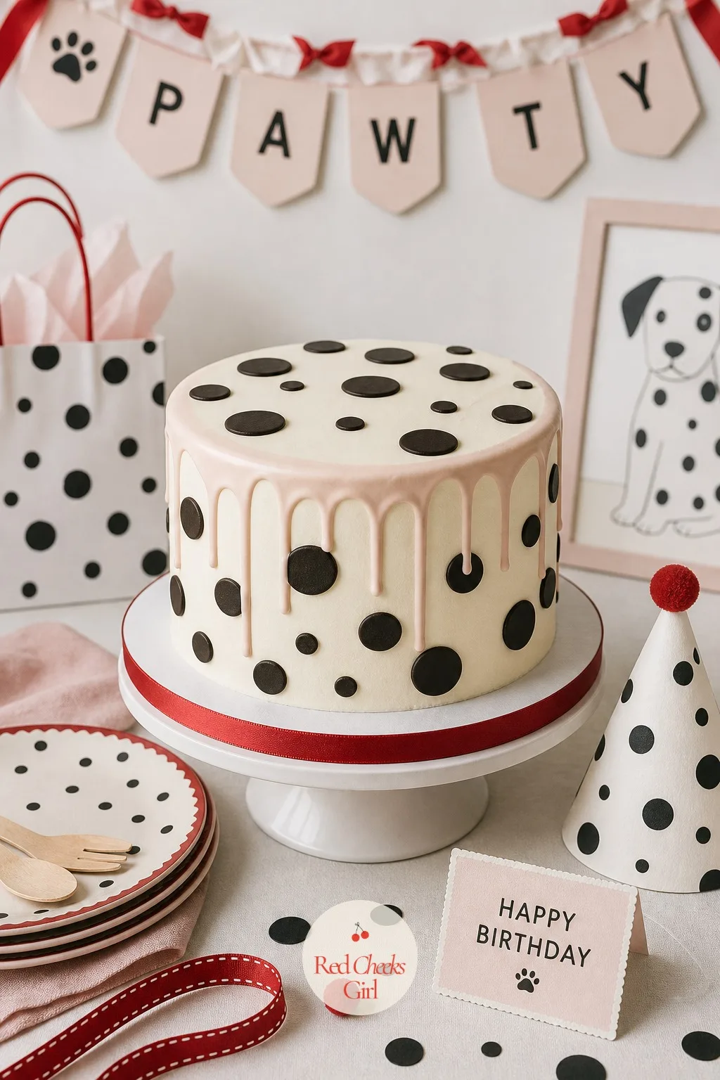 Dalmatian Spot Drip Cake — The cake is the one thing every guest will remember, so give it a shape worth the candle: a cream cake with a soft blush drip